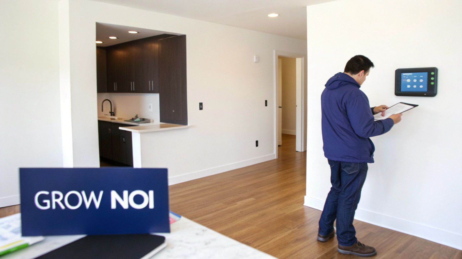 Real estate professional using tablet to control smart home automation system in modern apartment