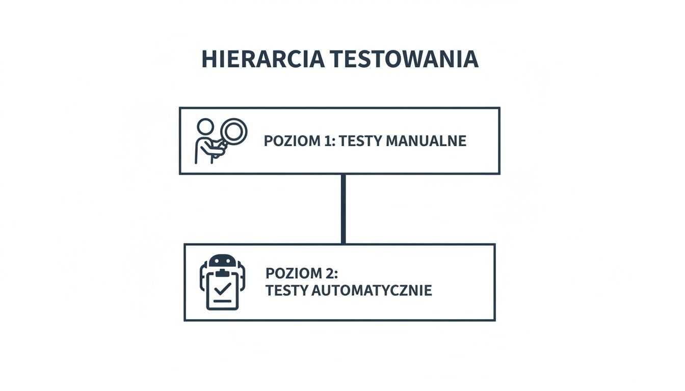 Diagram przedstawiający hierarchię testowania oprogramowania: Poziom 1 to testy manualne, a Poziom 2 to testy automatyczne.