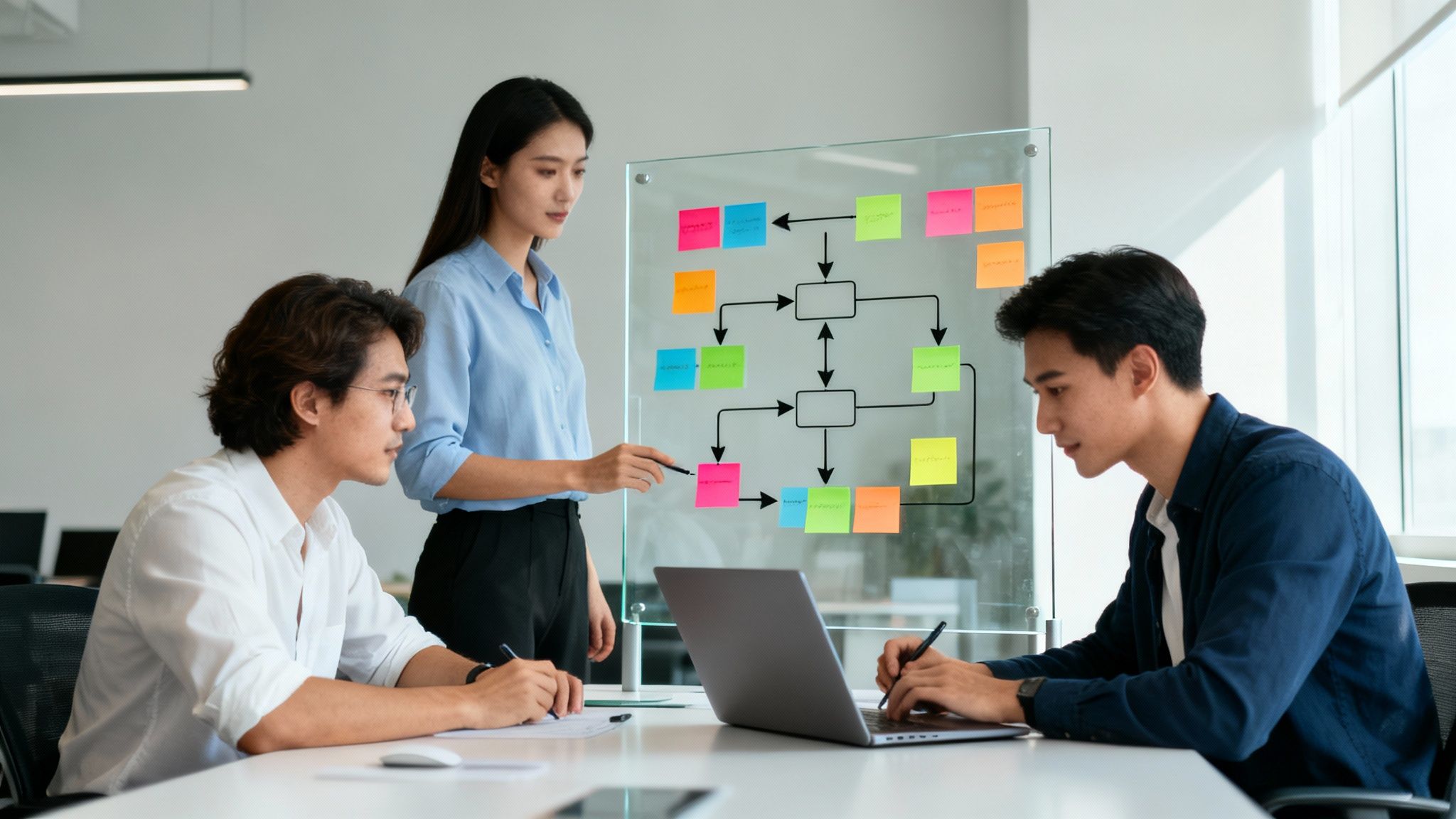 Trzy osoby w biurze: kobieta wskazuje na wykres przepływu na szklanej tablicy, dwóch mężczyzn pracuje przy laptopie i papierze.