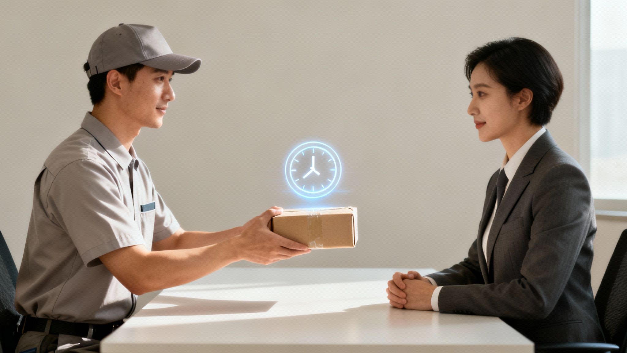 Kurier dostarcza paczkę kobiecie w biurze, obok świecąca ikona zegara symbolizująca punktualność i szybką usługę.