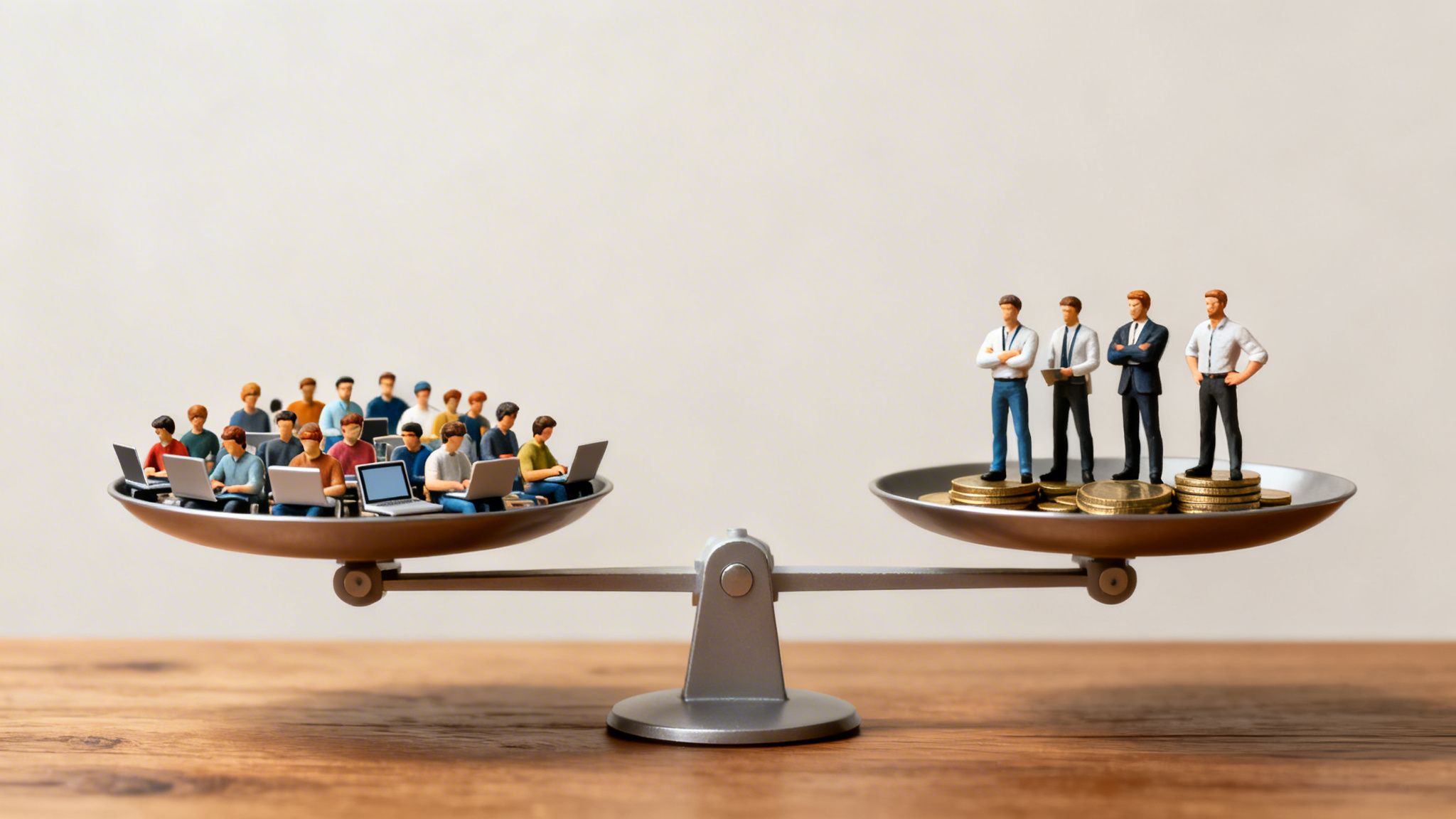 Waga szalkowa z dużą grupą pracowników na laptopach po jednej stronie i czterema biznesmenami na monetach po drugiej.