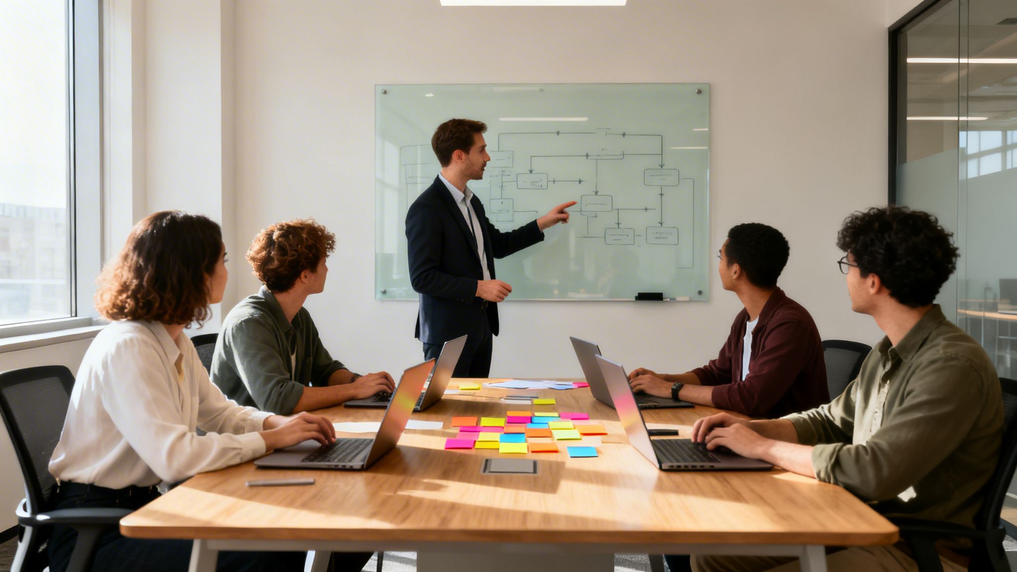 Biznesowe spotkanie zespołowe: prelegent wyjaśnia schemat na tablicy, a uczestnicy notują na laptopach.
