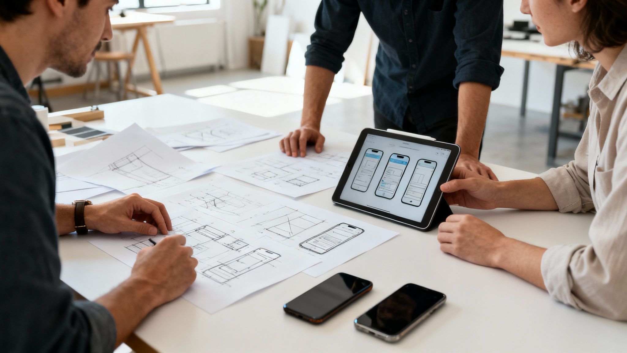 Trzy osoby projektujące interfejs użytkownika aplikacji mobilnej, używające tabletu, szkiców na papierze i smartfonów.
