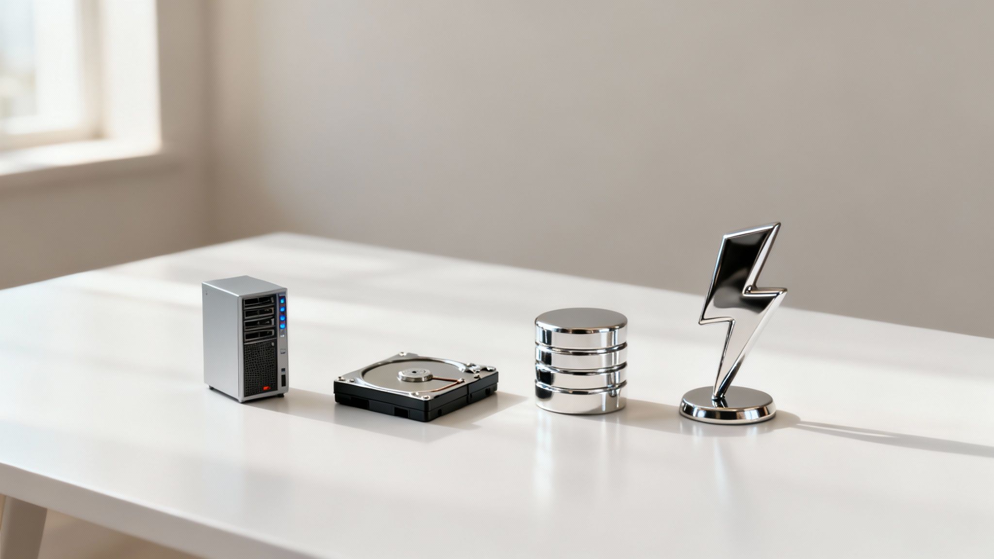 Miniaturowy serwer, dysk twardy, symbol bazy danych i piorun na białym stole, symbolizujące technologię.