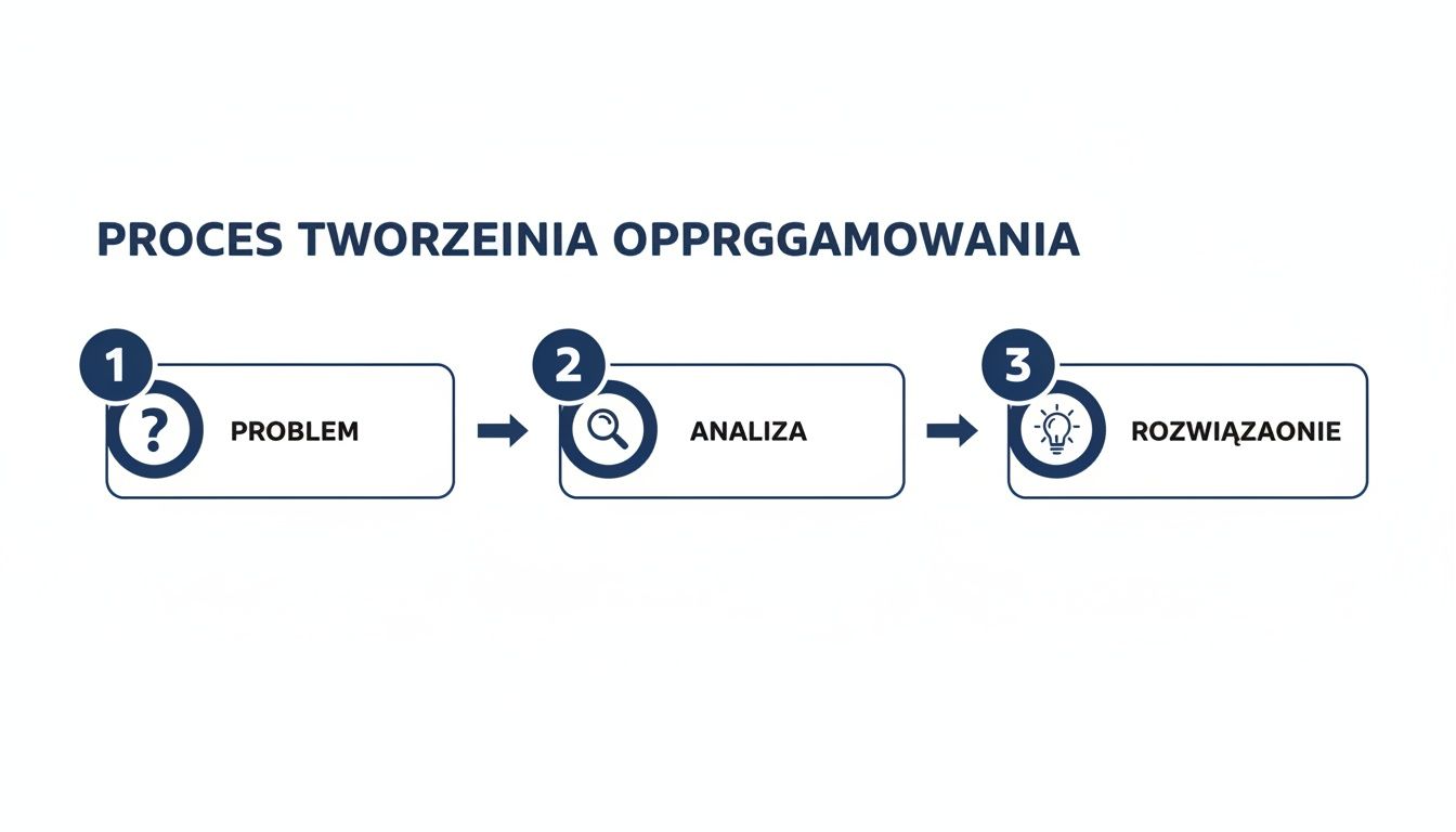 Schemat przedstawiający proces tworzenia oprogramowania, składający się z trzech etapów: problem, analiza i rozwiązanie.