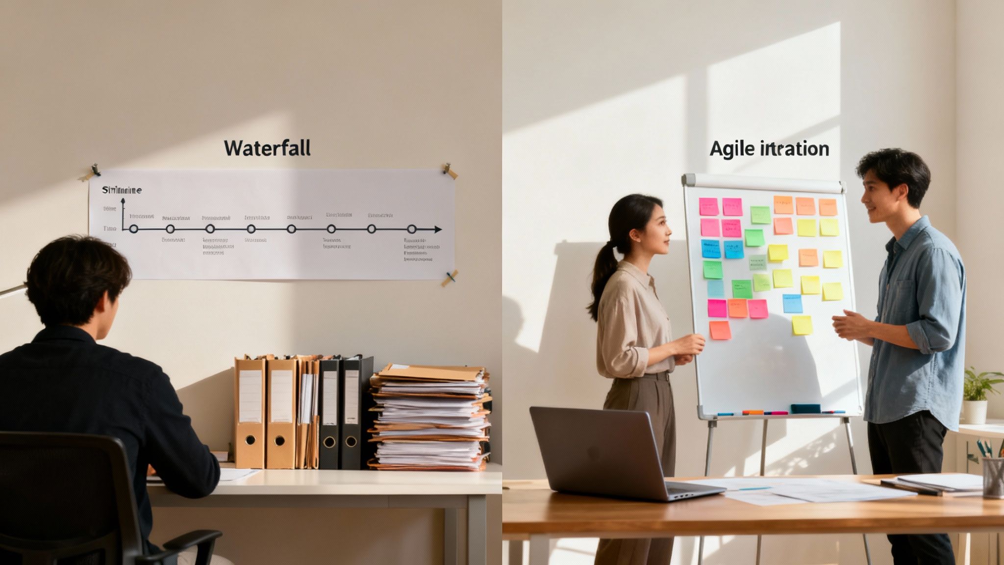 Obraz porównujący metody zarządzania projektami: tradycyjny model Waterfall i zwinne podejście Agile z tablicą post-it.