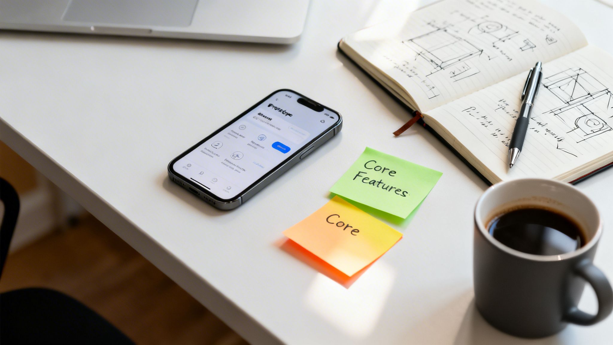 Widok z góry na biurko z telefonem pokazującym aplikację, notatkami, laptopem, notatnikiem i kawą.