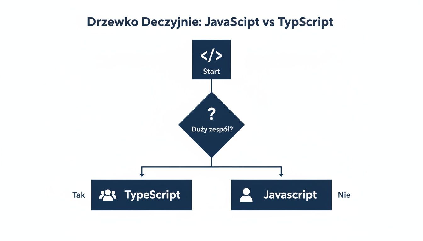 Schemat drzewa decyzyjnego porównujący JavaScript i TypeScript, bazujący na pytaniu o wielkość zespołu programistów.