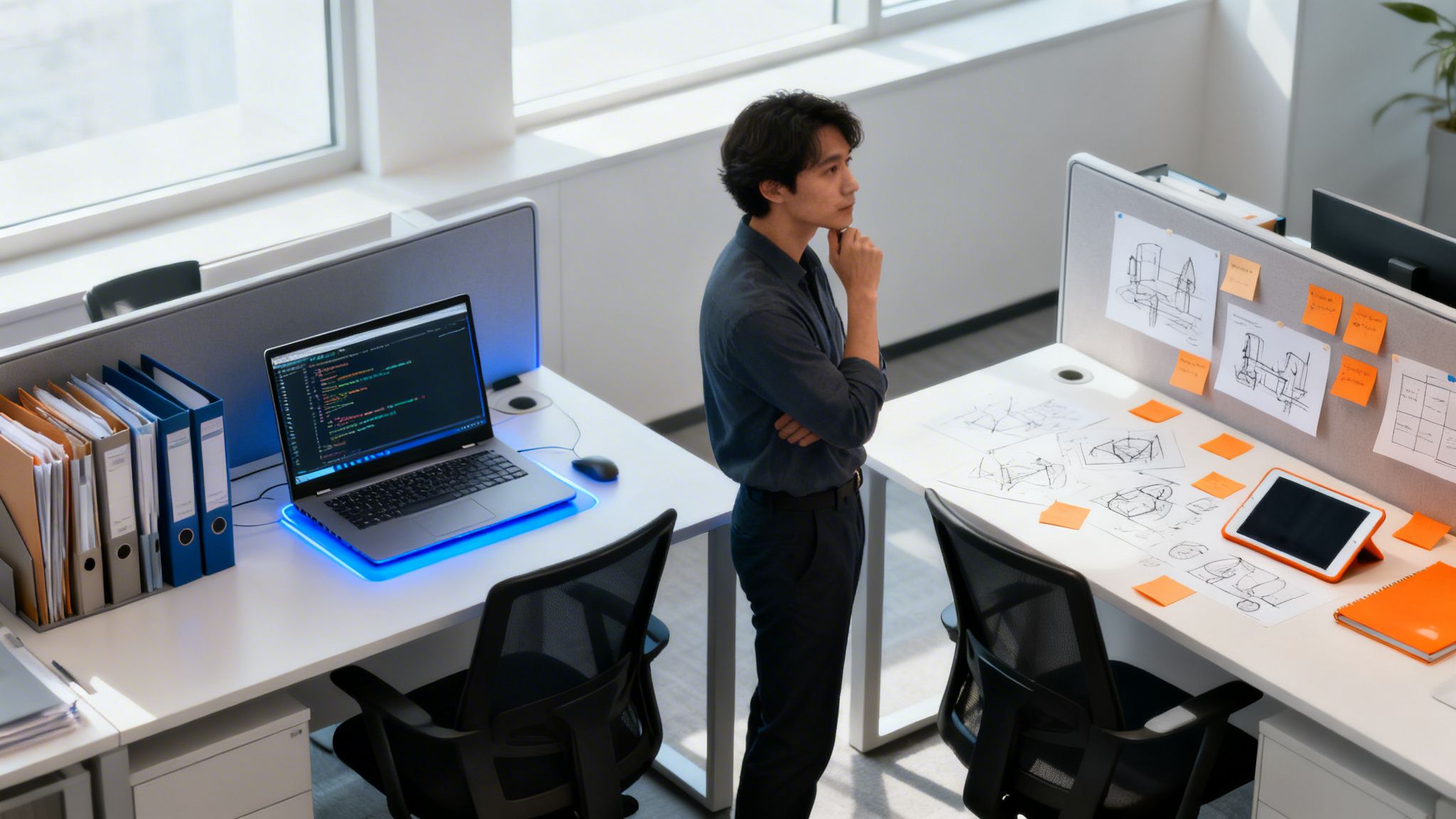 Mężczyzna stoi w biurze między biurkami, z laptopem wyświetlającym kod i szkicami projektowymi na blacie.