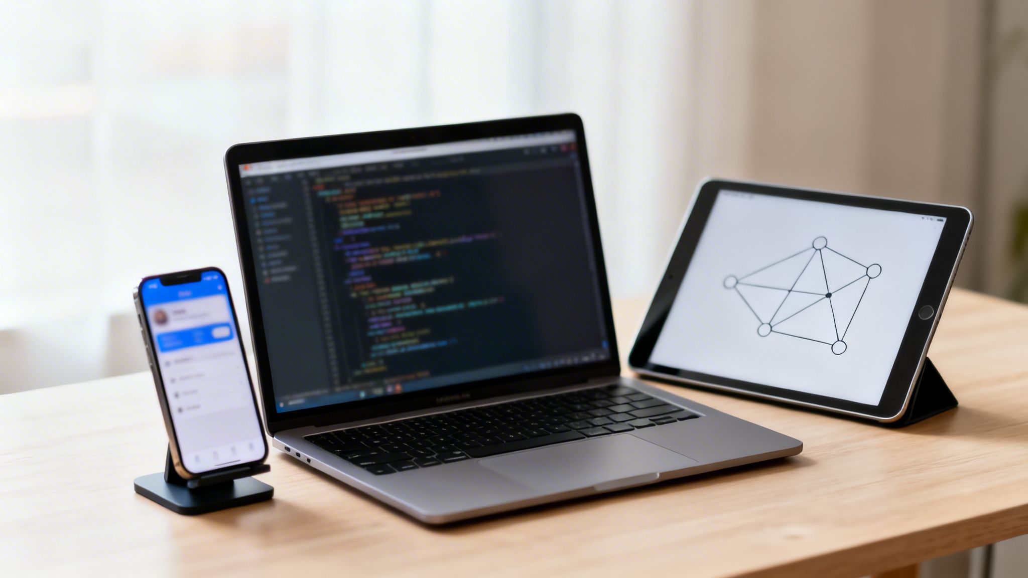 Blat drewnianego biurka z laptopem wyświetlającym kod, smartfonem i tabletem z grafiką sieciową.