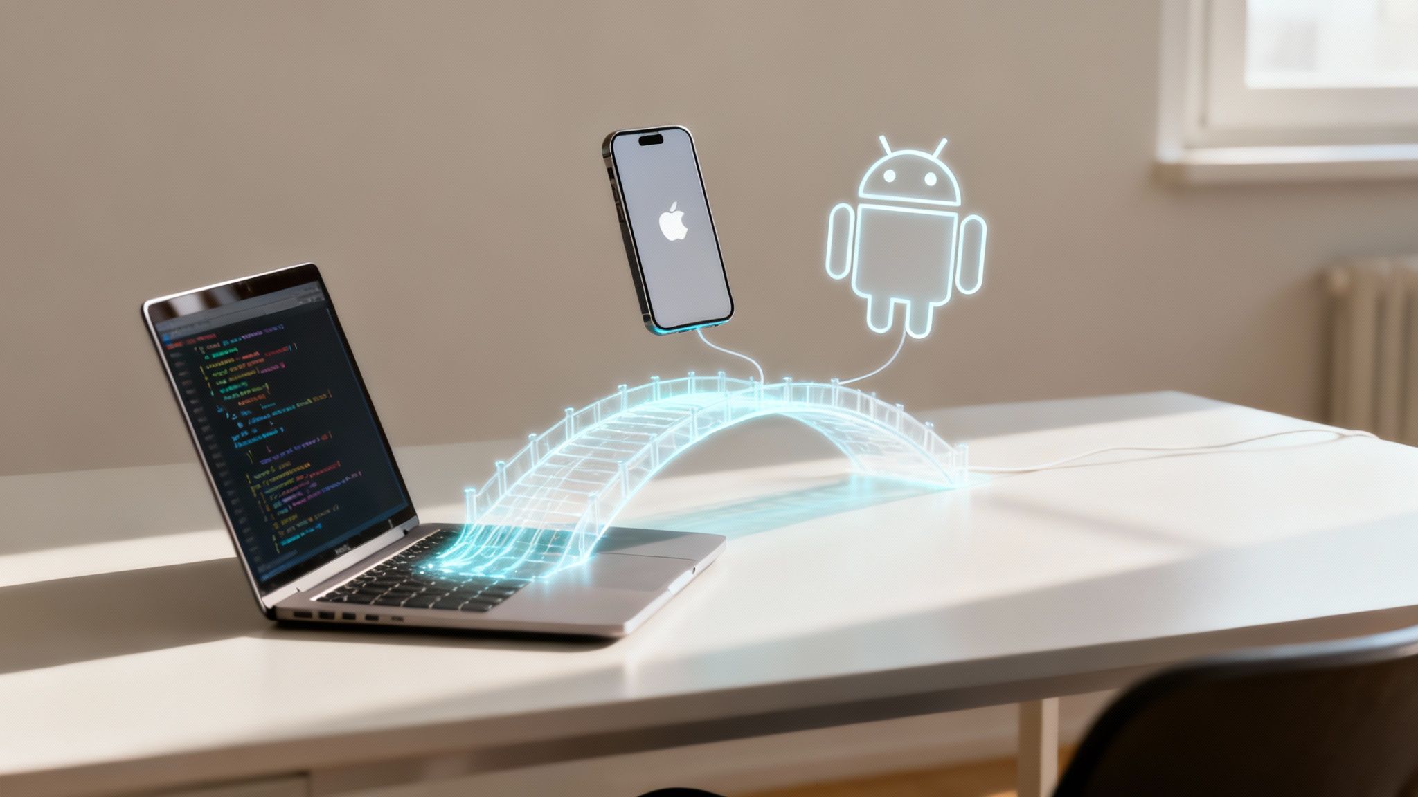 Laptop z kodem, iPhone z logo Apple i robot Android połączone świecącym mostem, symbolizujące rozwój aplikacji.