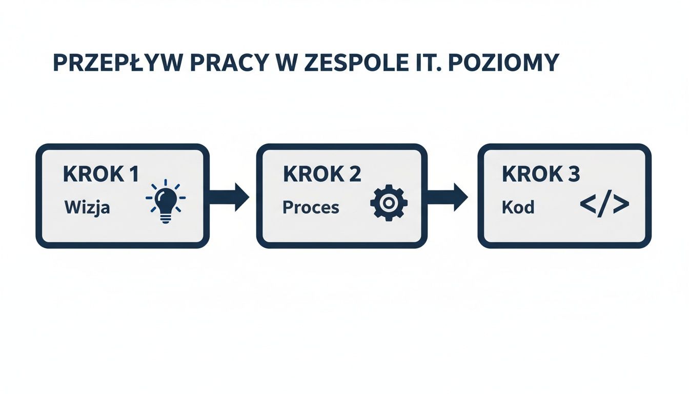 Diagram przepływu pracy w zespole IT przedstawiający trzy etapy: wizja z żarówką, proces z kołem zębatym i kod z tagami programistycznymi.