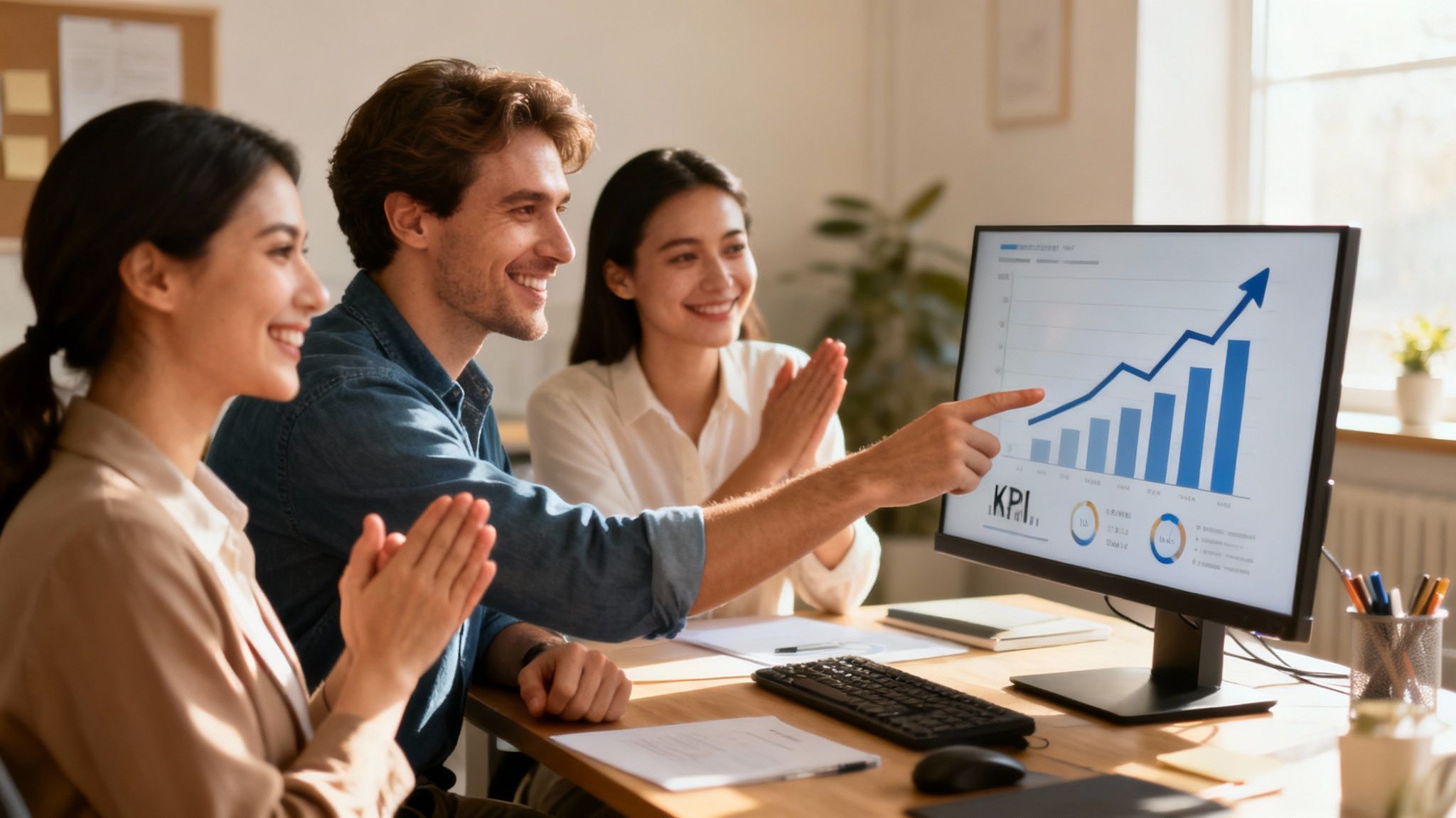 Trzy osoby, dwie kobiety i mężczyzna, uśmiechają się i klaszczą, patrząc na monitor z wykresem wzrostu. Mężczyzna wskazuje na ekran.