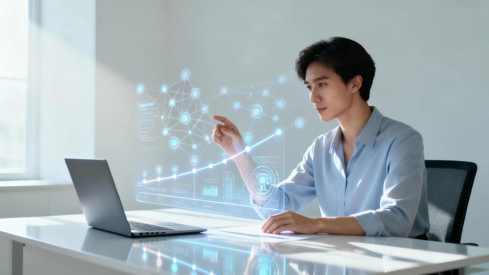 Młody mężczyzna w niebieskiej koszuli pracuje przy biurku, analizując dane na interaktywnym, holograficznym ekranie obok laptopa.