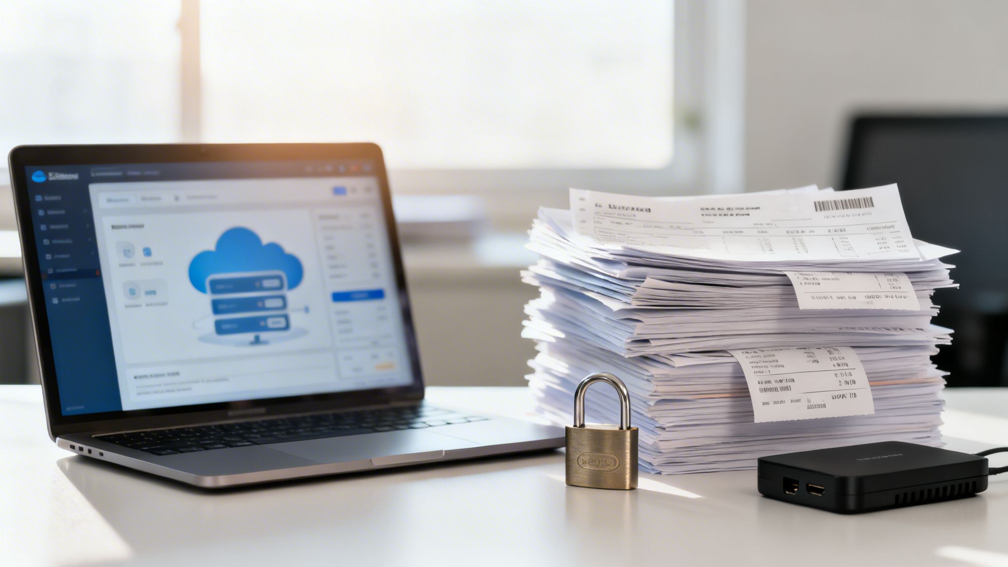 Laptop z aplikacją do przechowywania danych w chmurze, stos dokumentów i kłódka symbolizująca bezpieczeństwo danych.