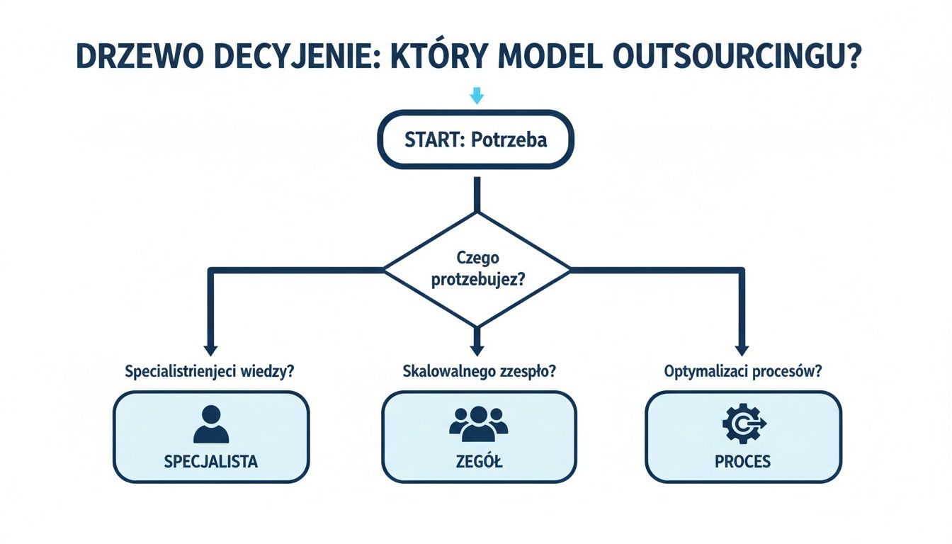 Drzewo decyzyjne ilustrujące wybór modelu outsourcingu IT: specjalista, skalowalny zespół lub optymalizacja procesów.