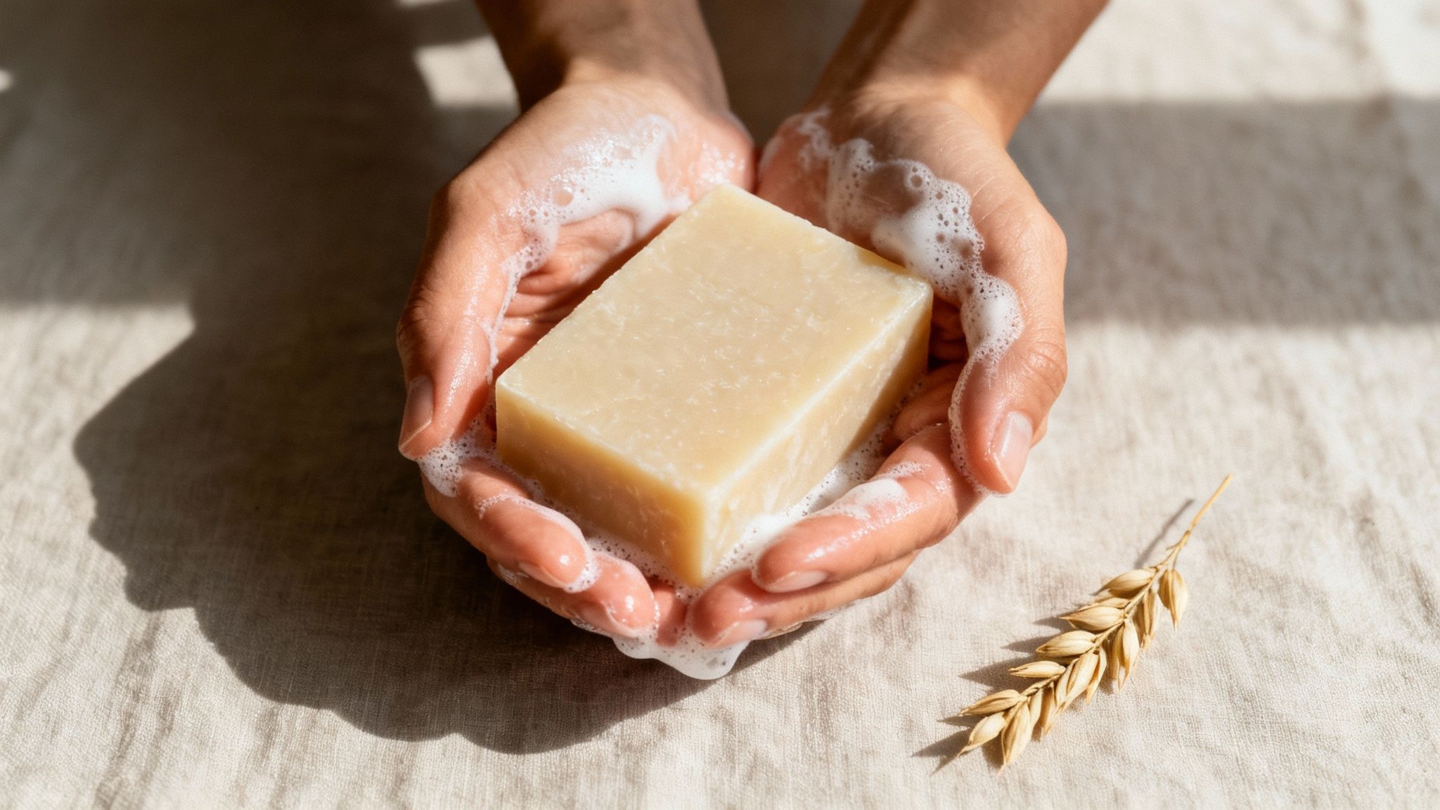 Hands holding a bar of natural soap with lather, next to a stalk of oats on a linen surface.
