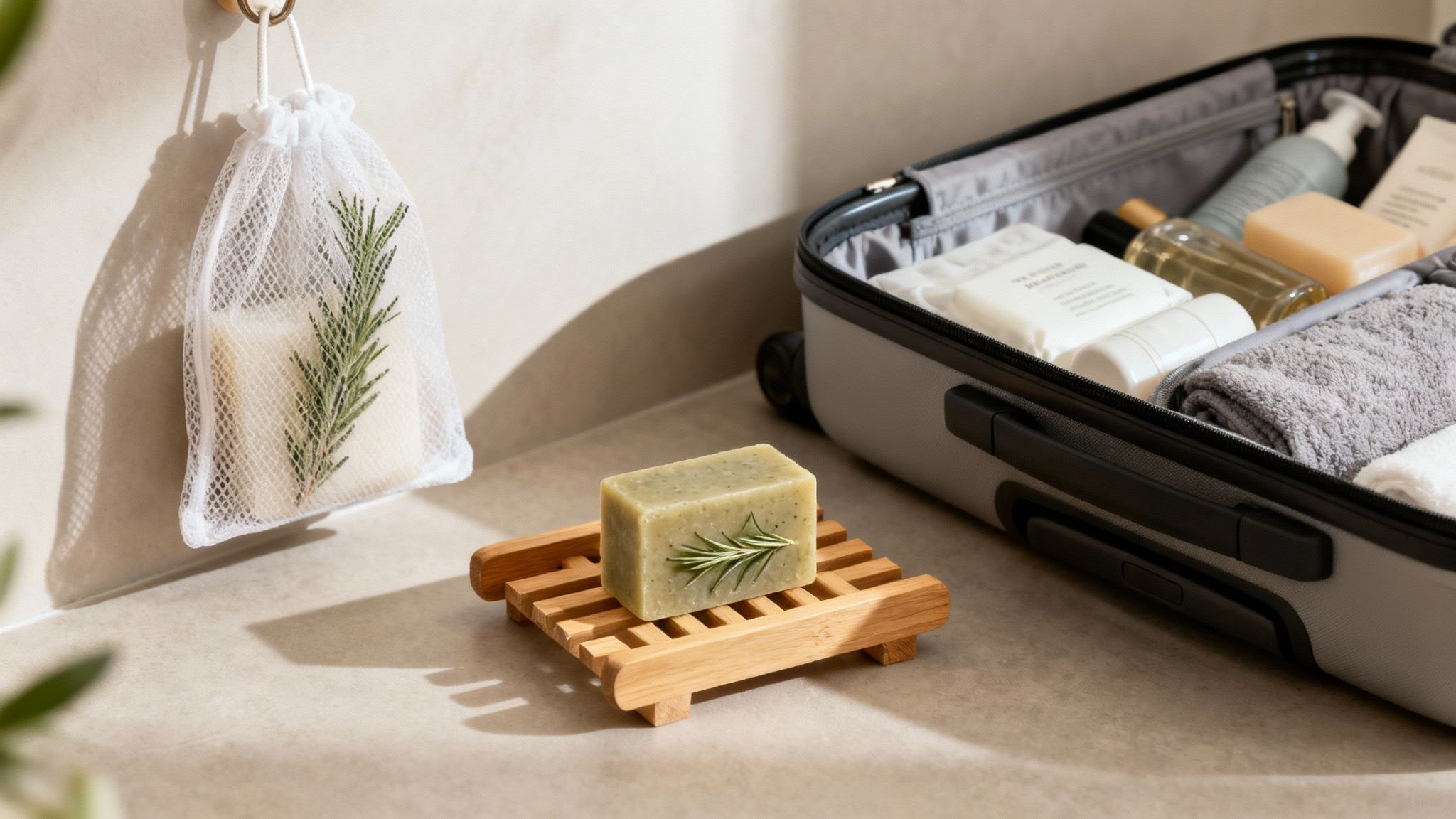 Natural rosemary soap bars on a wooden dish and in a mesh bag, near a travel suitcase filled with toiletries.