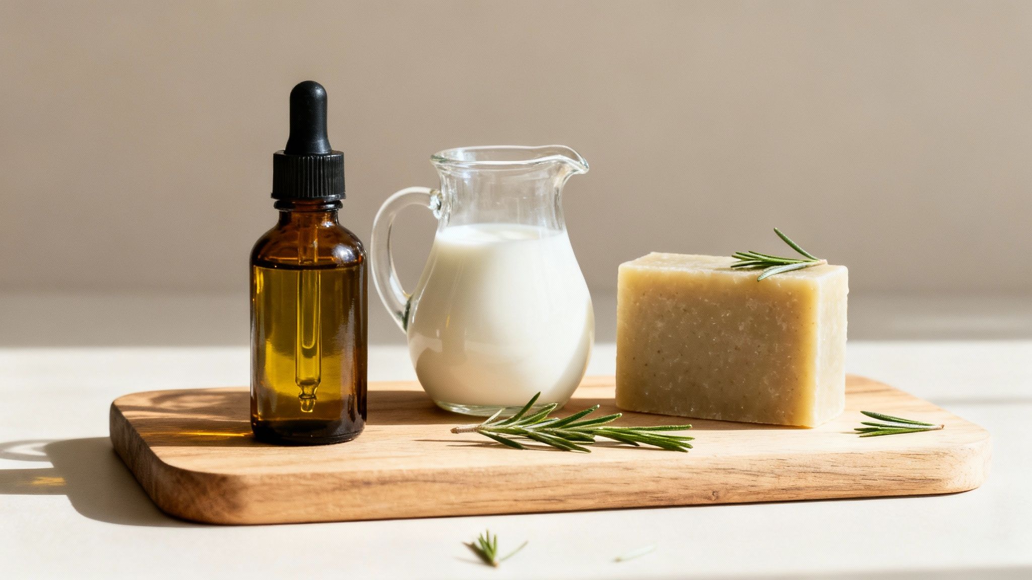 Natural skincare items: rosemary soap bar, milk pitcher, and essential oil bottle on wood.
