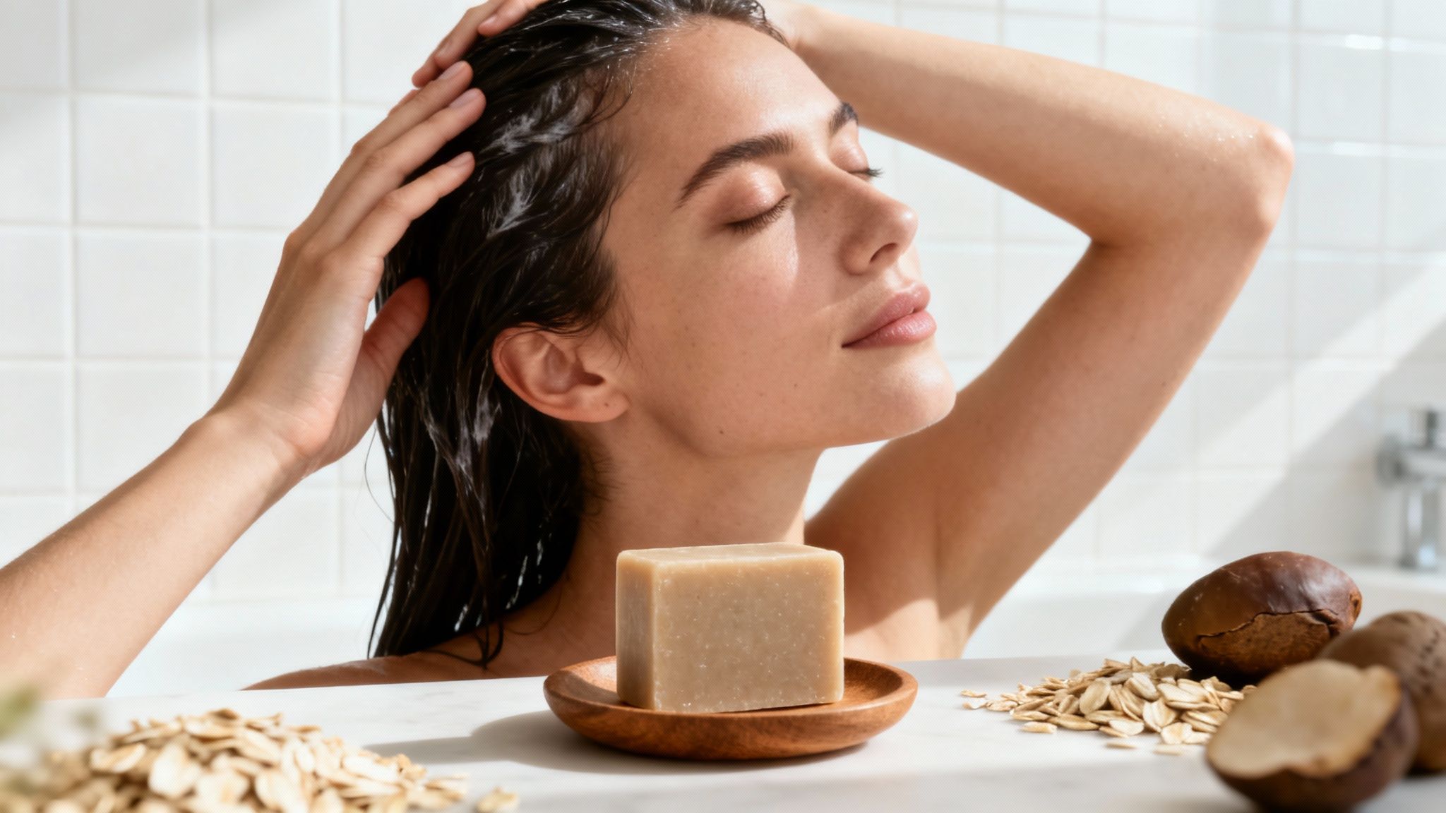 Woman washing hair in a bathtub, with a solid shampoo bar, oats, and shea nuts.
