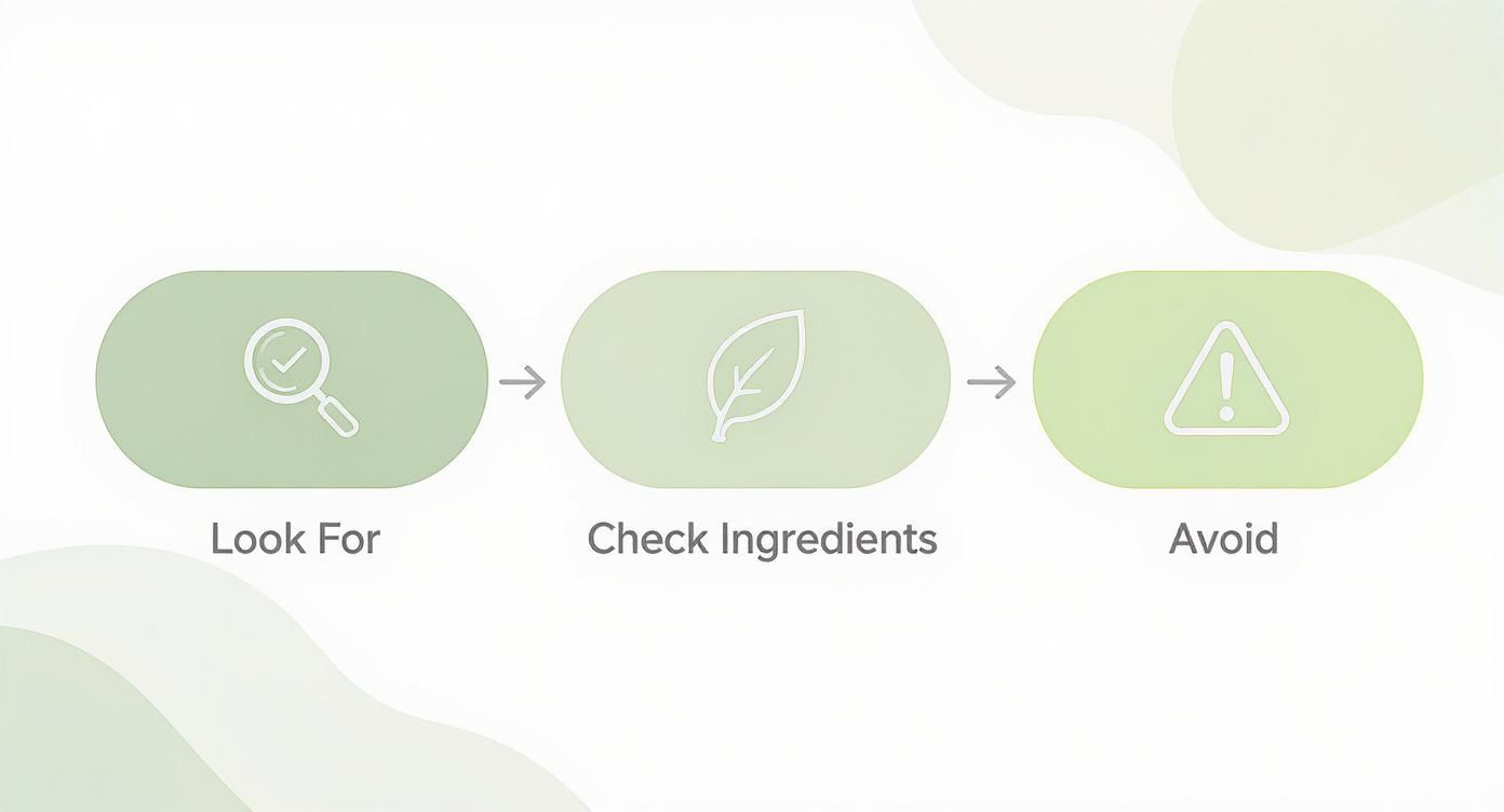 A three-step process diagram with icons: Look For (magnifying glass), Check Ingredients (leaf), and Avoid (warning symbol).
