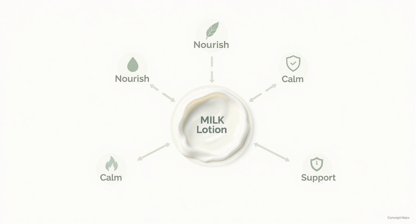 Milk lotion benefits diagram showing nourish, calm, and support properties with cream texture center