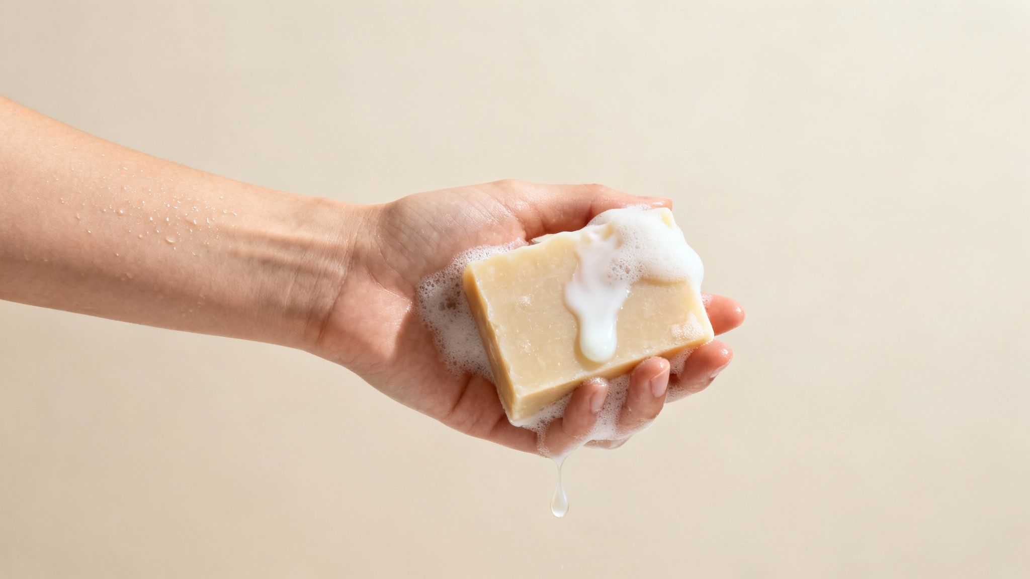 A hand gently holds a natural bar of soap producing white, creamy lather and water drops.