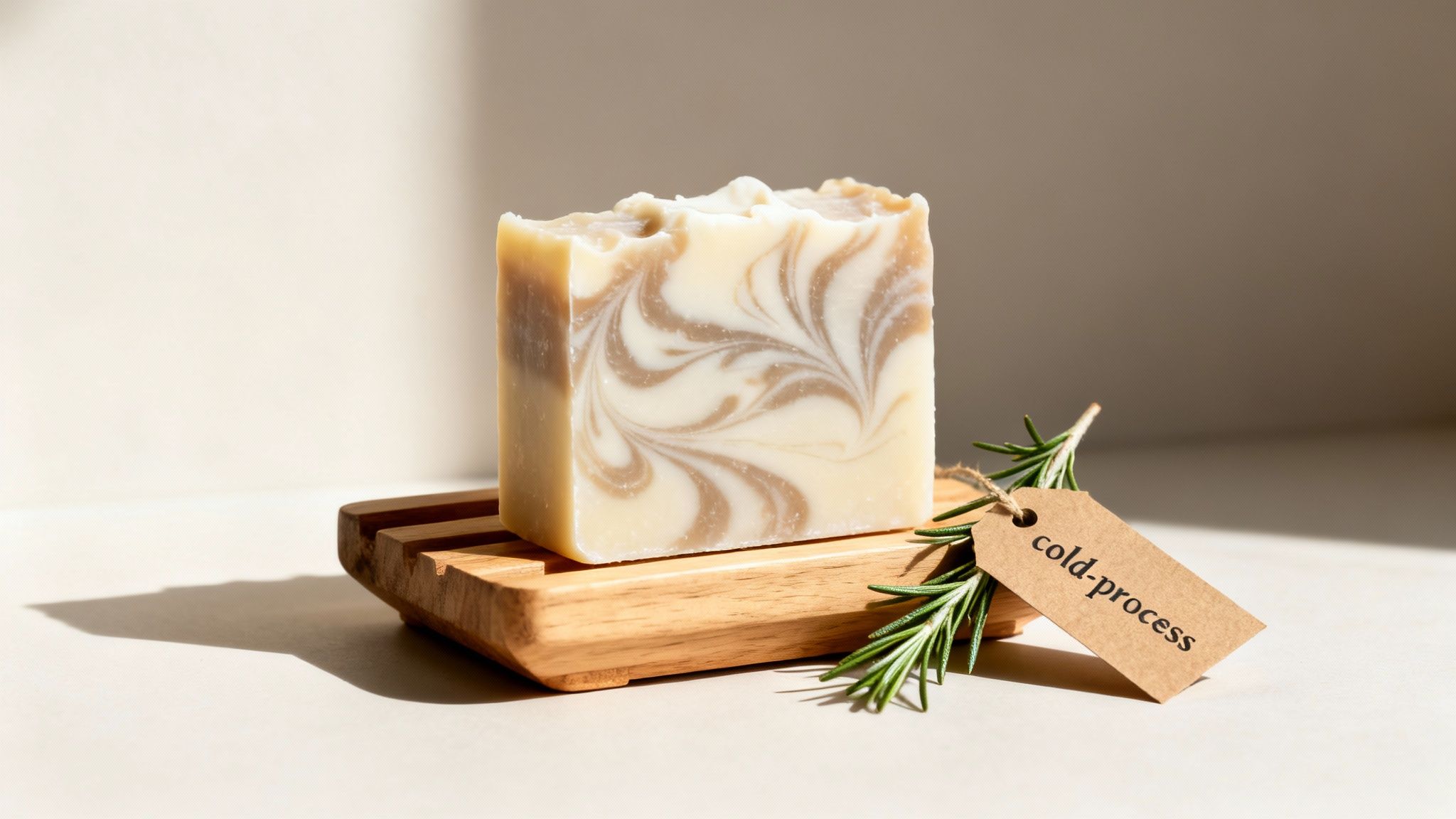A bar of cold-process soap with a swirled design on a wooden dish, with rosemary and a tag.
