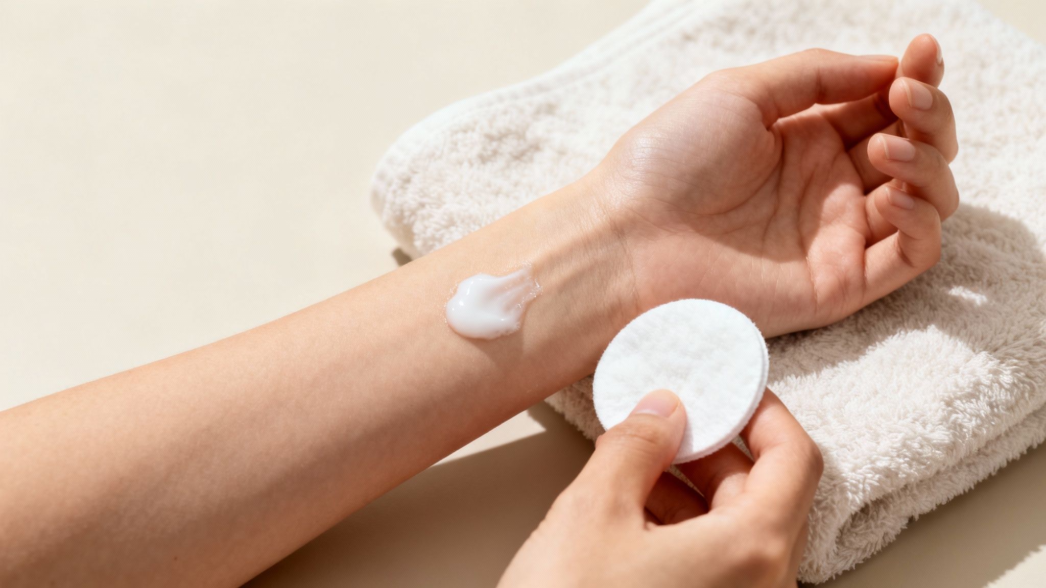 Close-up of a person's arm with white cream and a cotton pad for skincare.