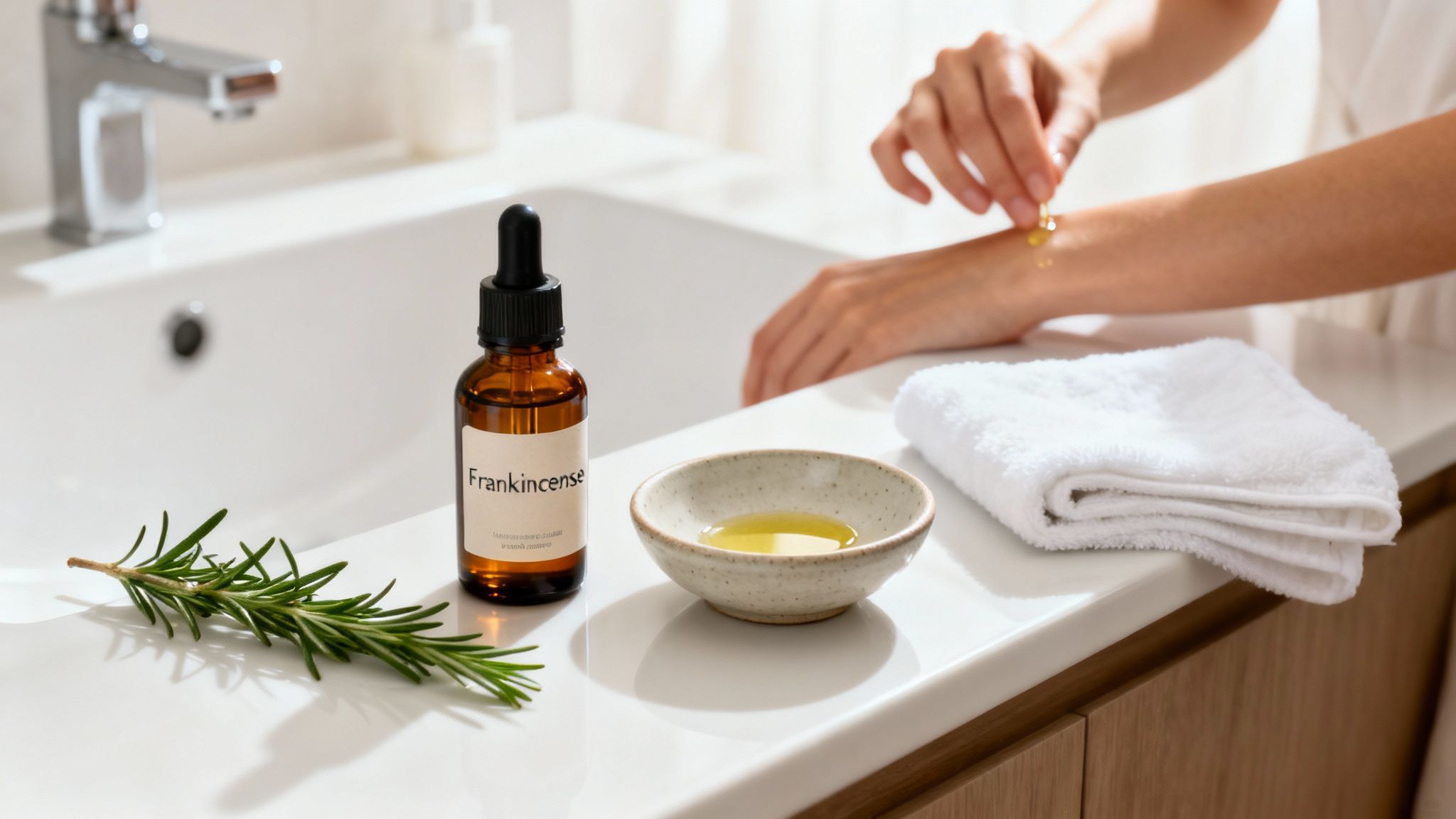 Person applies frankincense essential oil to arm in a bright bathroom setting.