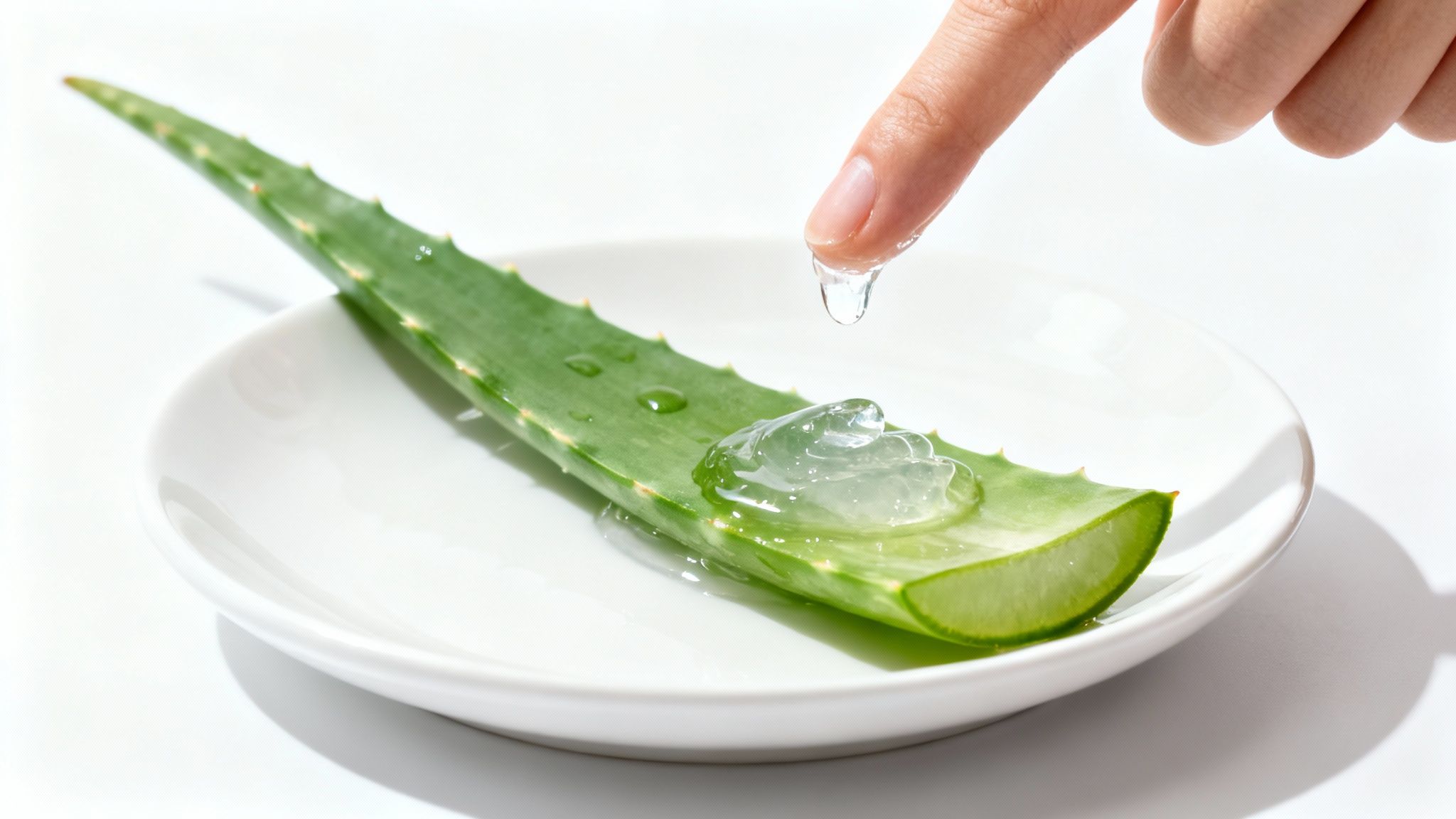 A hand drips clear aloe vera gel onto a green aloe leaf on a white plate.