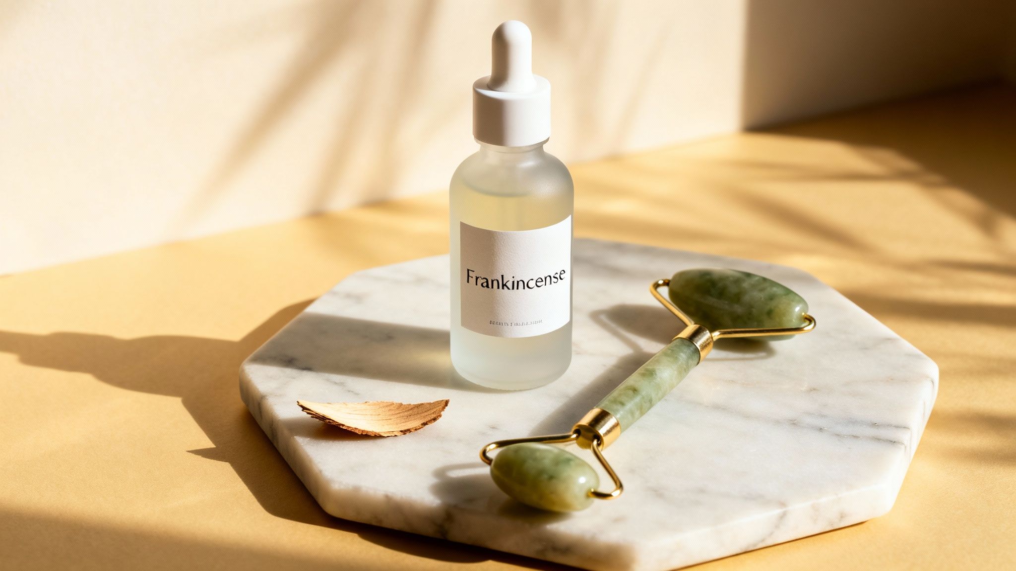A Frankincense essential oil bottle and a jade roller on a marble tray with warm sunlight and shadows.