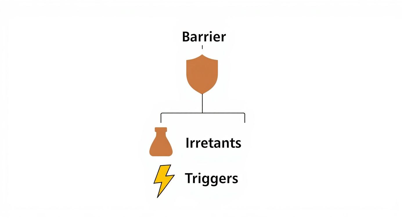 A diagram illustrates a shield labeled 'Barrier' connected to 'Irritants' (represented by a jar) and 'Triggers' (represented by a lightning bolt).