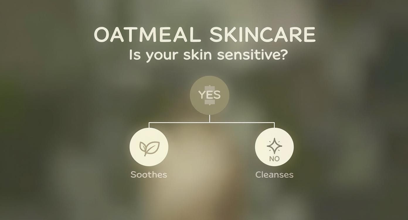 A flowchart explaining oatmeal skincare benefits: soothing for sensitive skin and cleansing for non-sensitive skin.