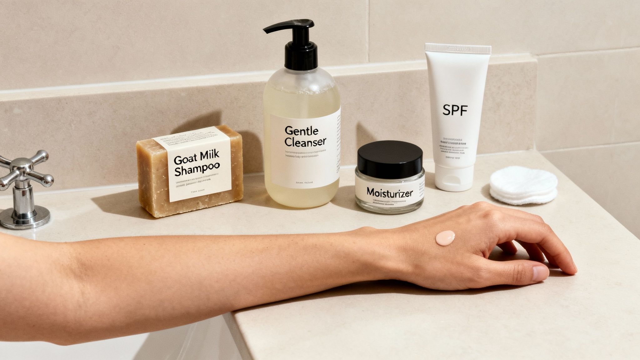 A collection of skincare products including soap, cleanser, moisturizer, and SPF on a bathroom counter, with a hand showing a drop of product.