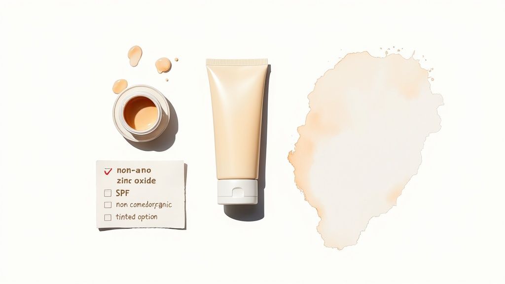 A bottle of natural mineral sunscreen next to a small bowl of zinc oxide powder and a green leaf.