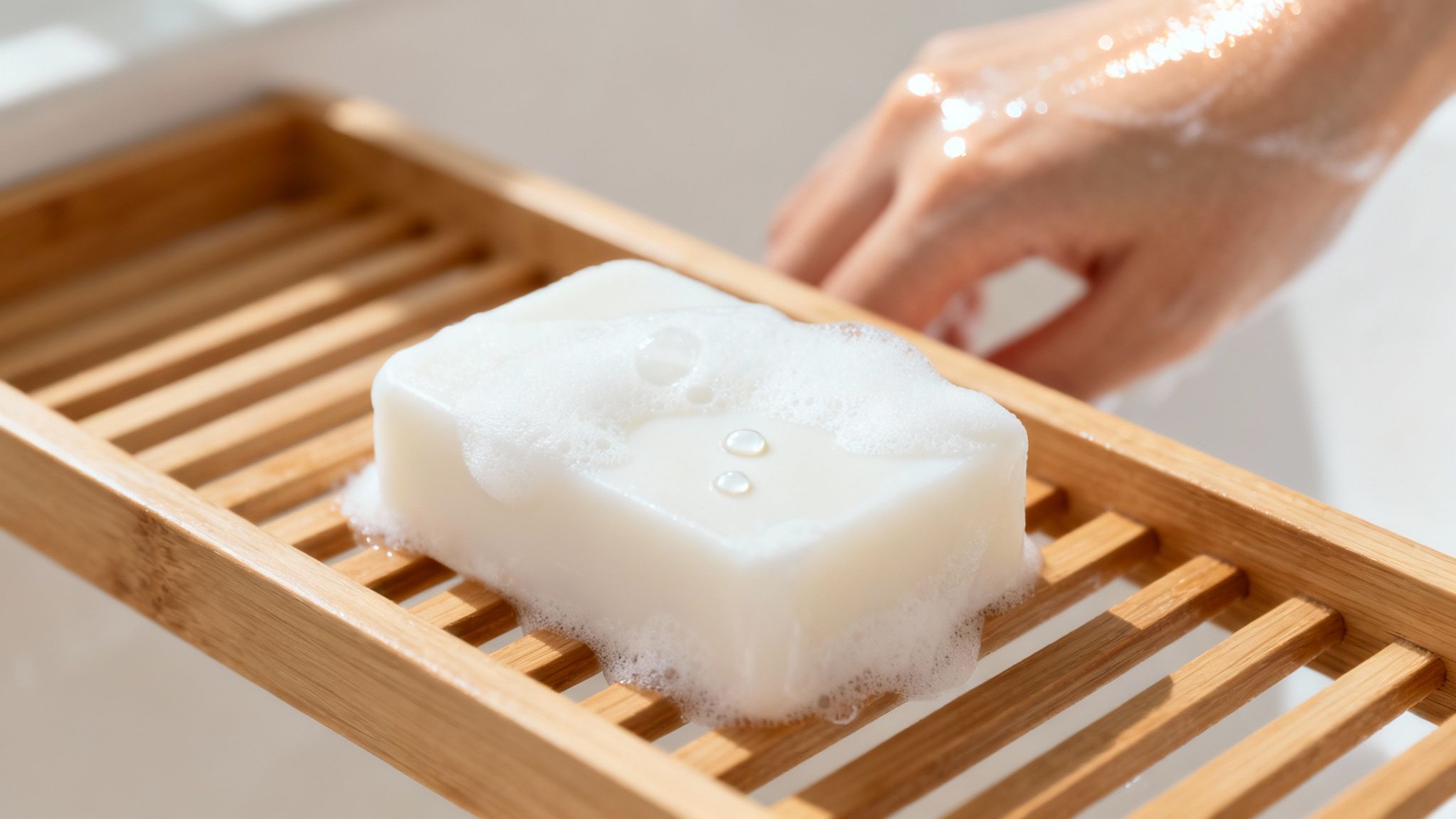 A white bar of soap with rich lather on a wooden slatted soap dish, next to a person's washing hand.