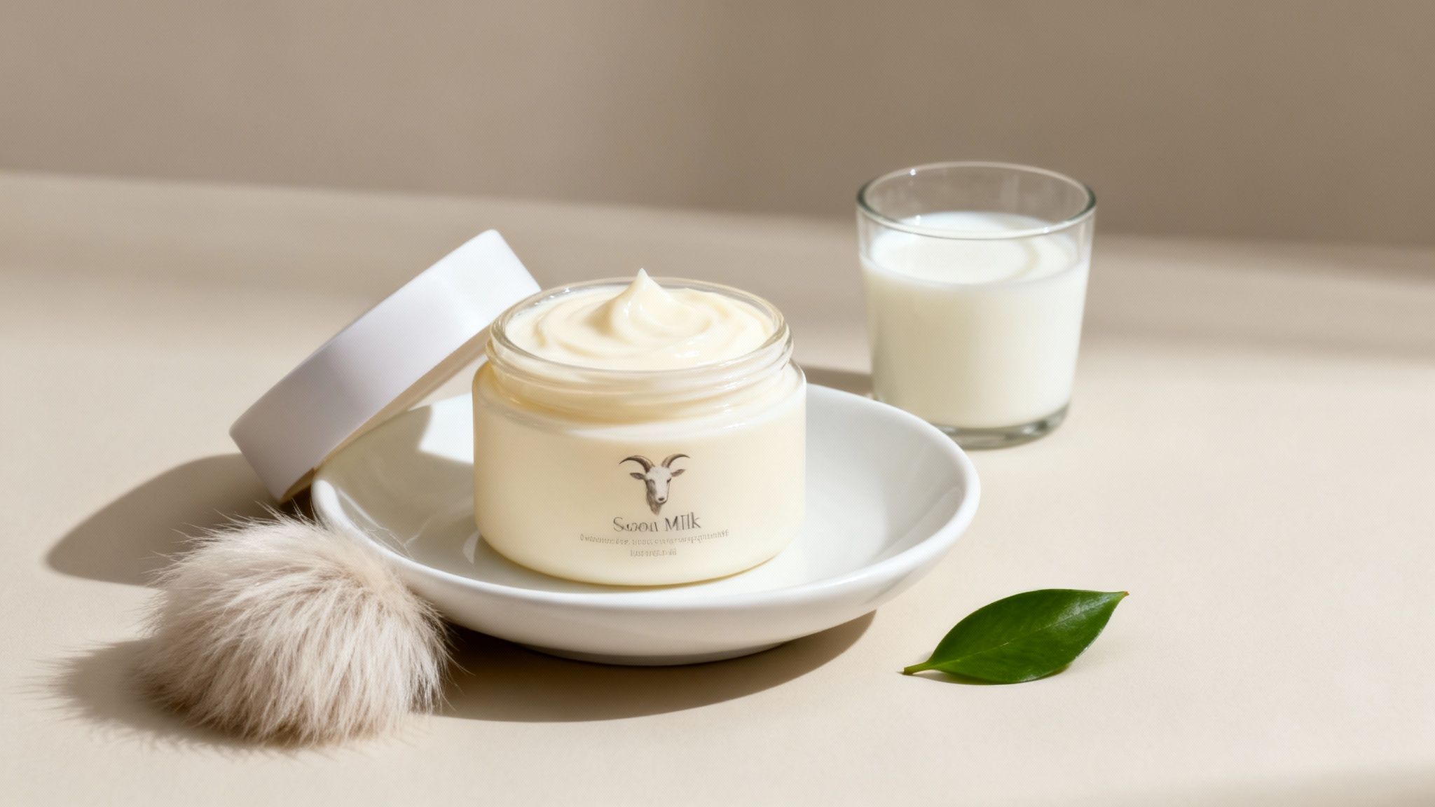 Goat milk face lotion jar with a goat logo, a glass of milk, and a green leaf.
