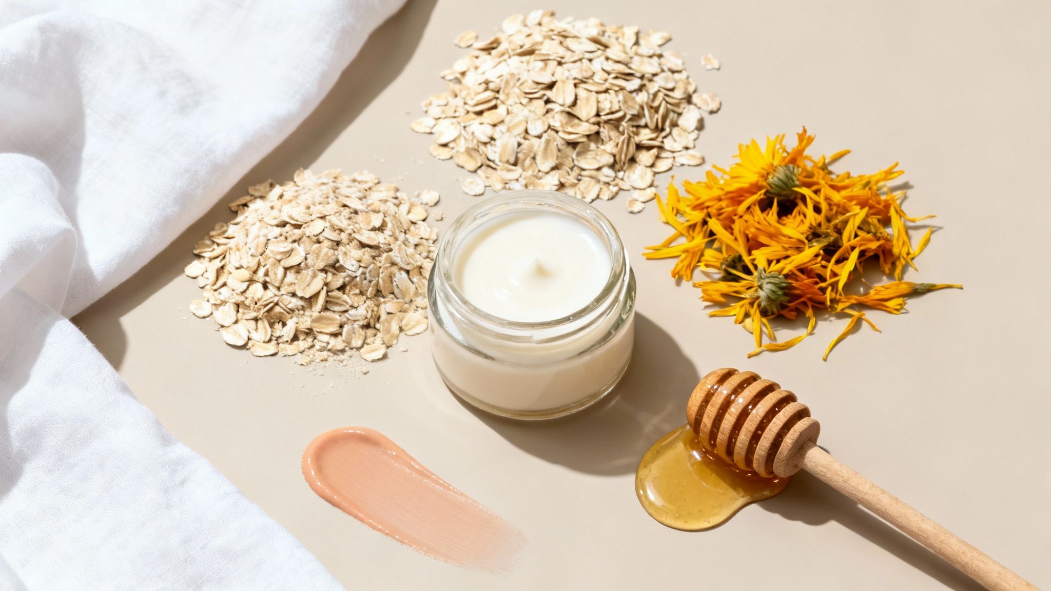 A flat lay of natural skincare ingredients: oat flakes, honey, calendula, and a jar of cream.