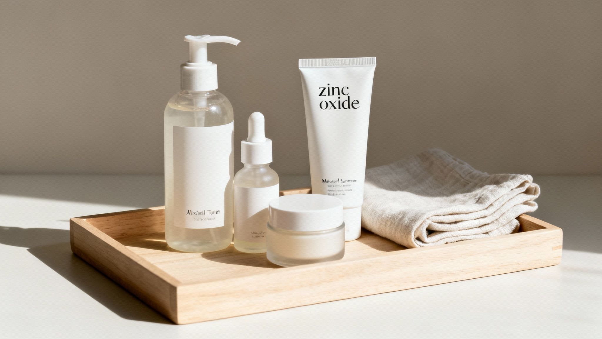 A collection of natural skincare products with zinc oxide, on a wooden tray, for sensitive skin.