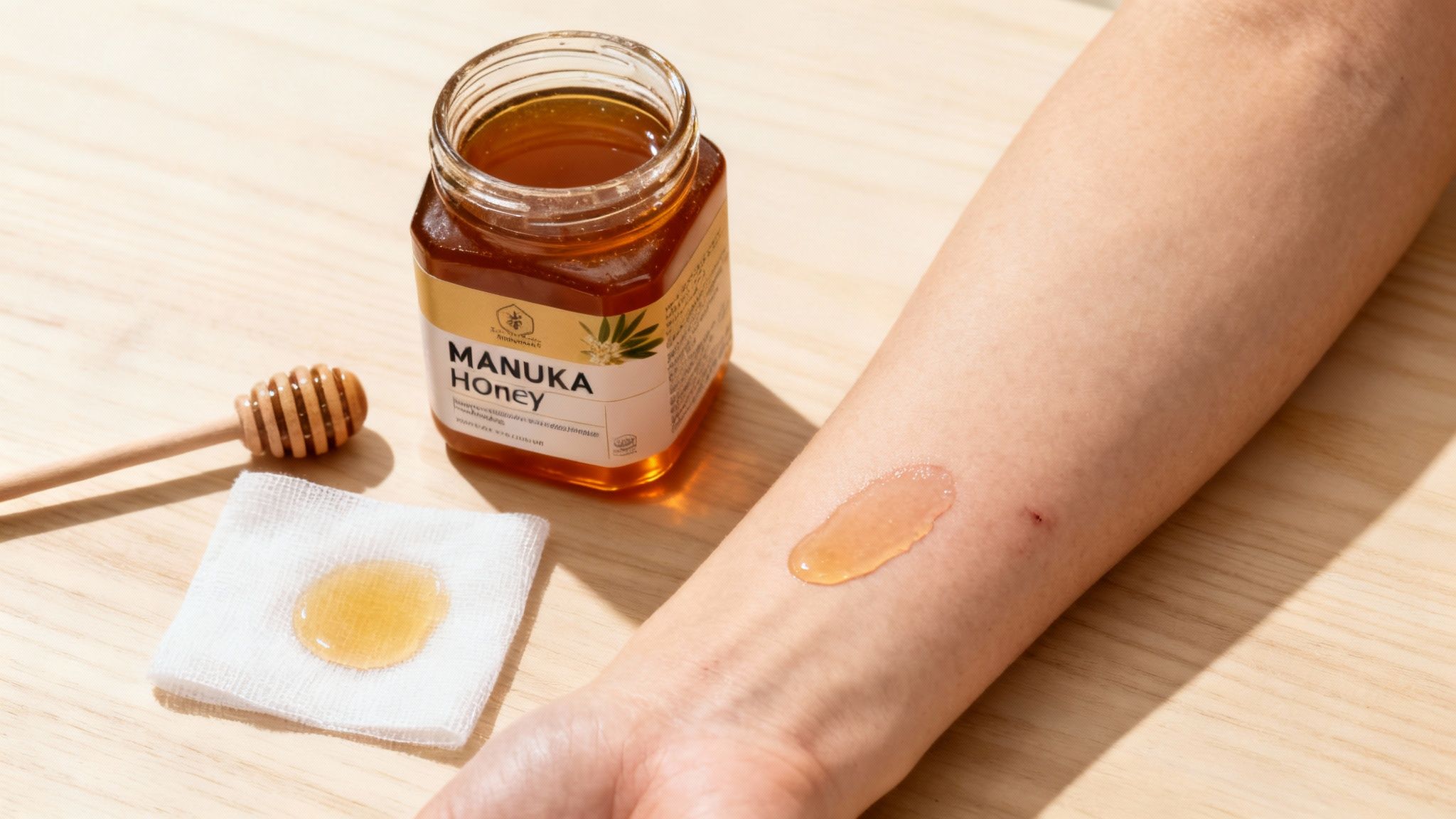 A jar of Manuka honey, a dipper, honey on gauze, and honey applied to an arm with a minor skin blemish.