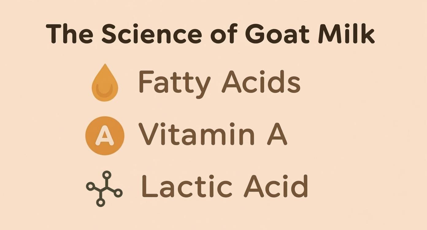 A graphic illustrating the scientific components of goat milk: fatty acids, vitamin A, and lactic acid.