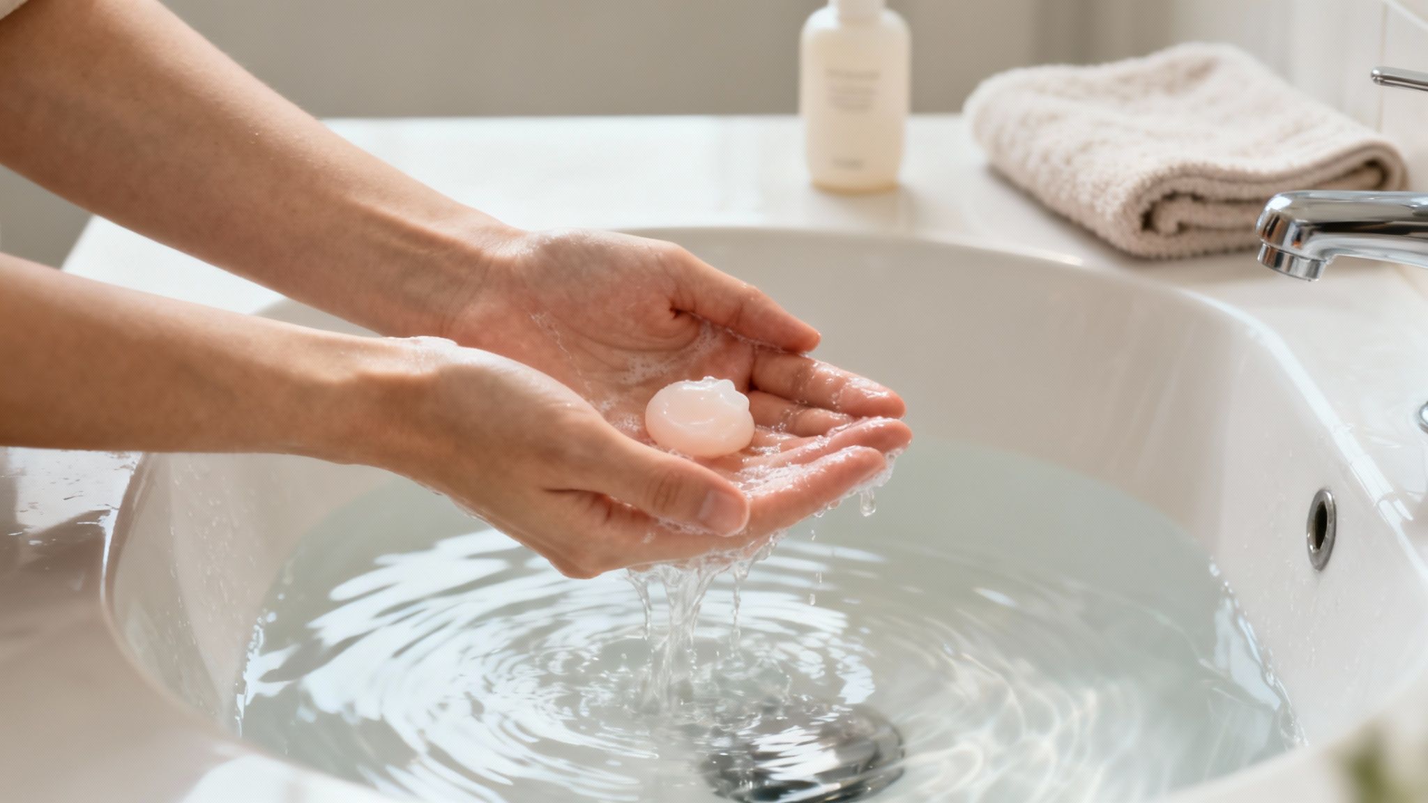 Close-up of hands holding a pink, oval-shaped soap with suds under running water in a white sink.