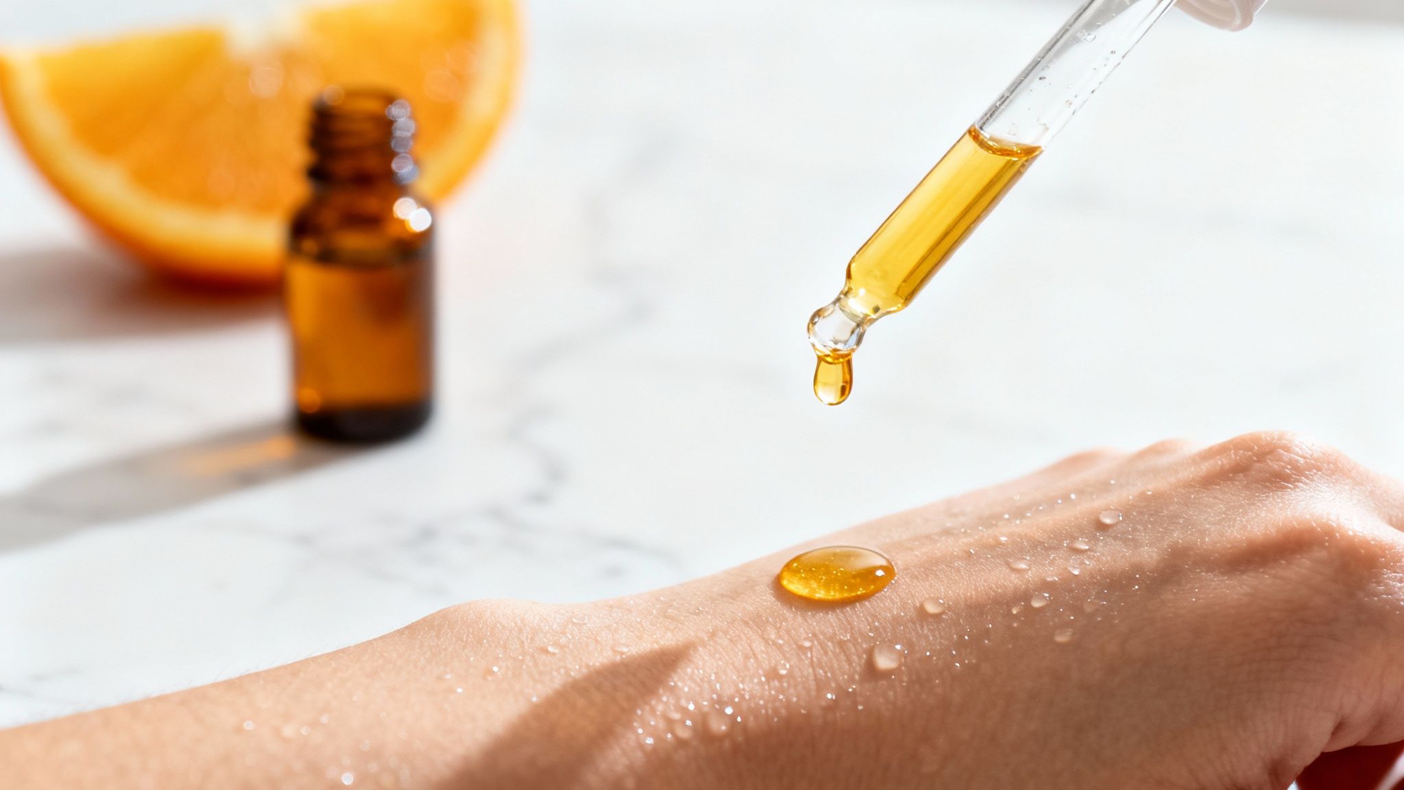 A hand receiving a drop of yellow serum from a pipette, with an orange in the background.
