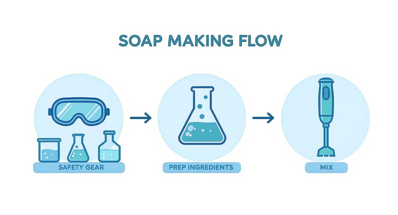 An infographic detailing the soap making process, including safety gear, ingredient preparation, and mixing.