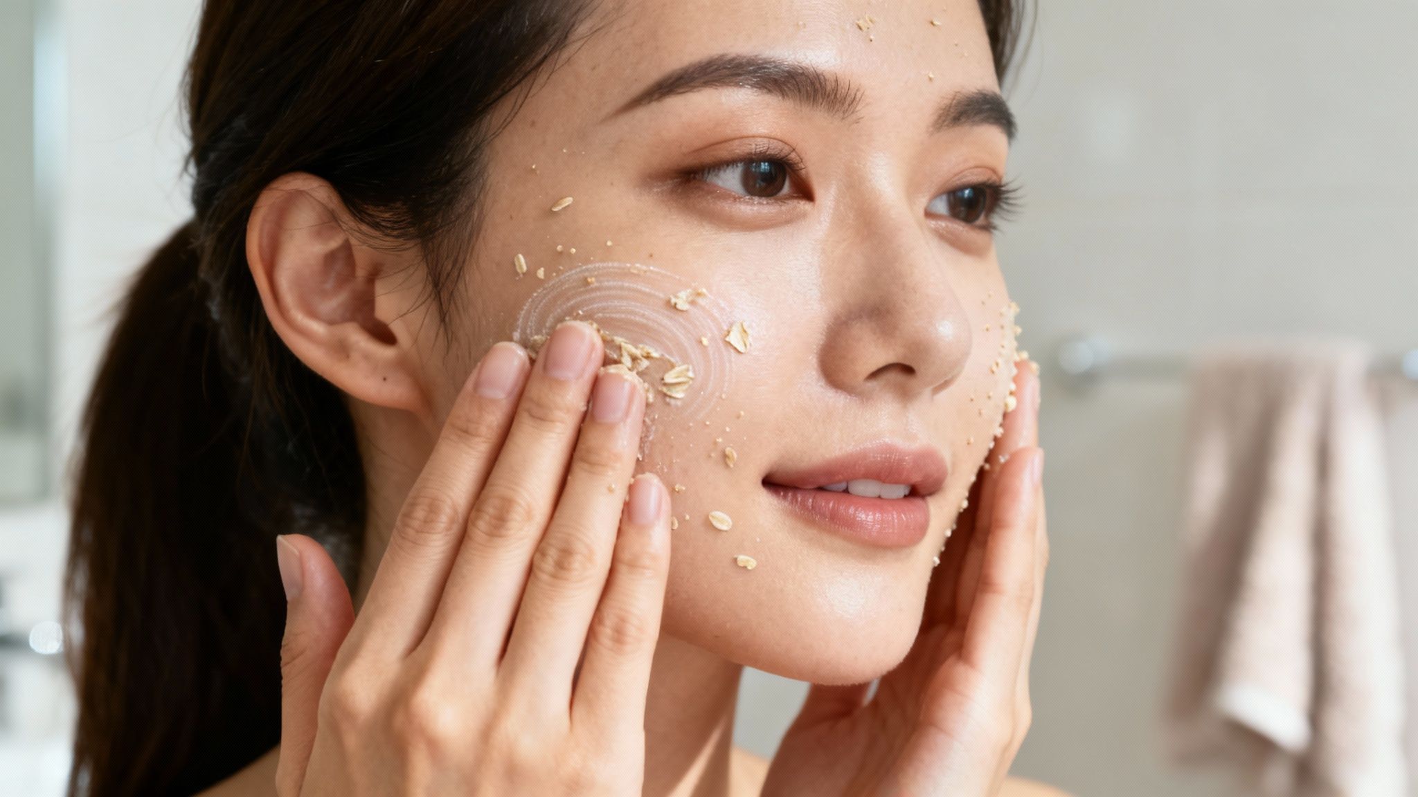 A young woman gently exfoliates her face with an oatmeal scrub, promoting healthy skin.