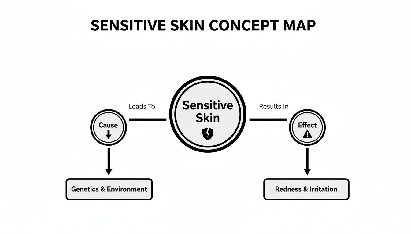 A concept map illustrating the causes (genetics, environment) and effects (redness, irritation) of sensitive skin.