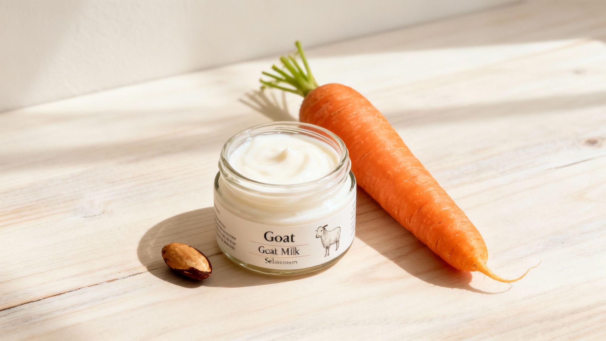 A jar of goat milk cream, a fresh carrot, and a Brazil nut on a wooden surface.