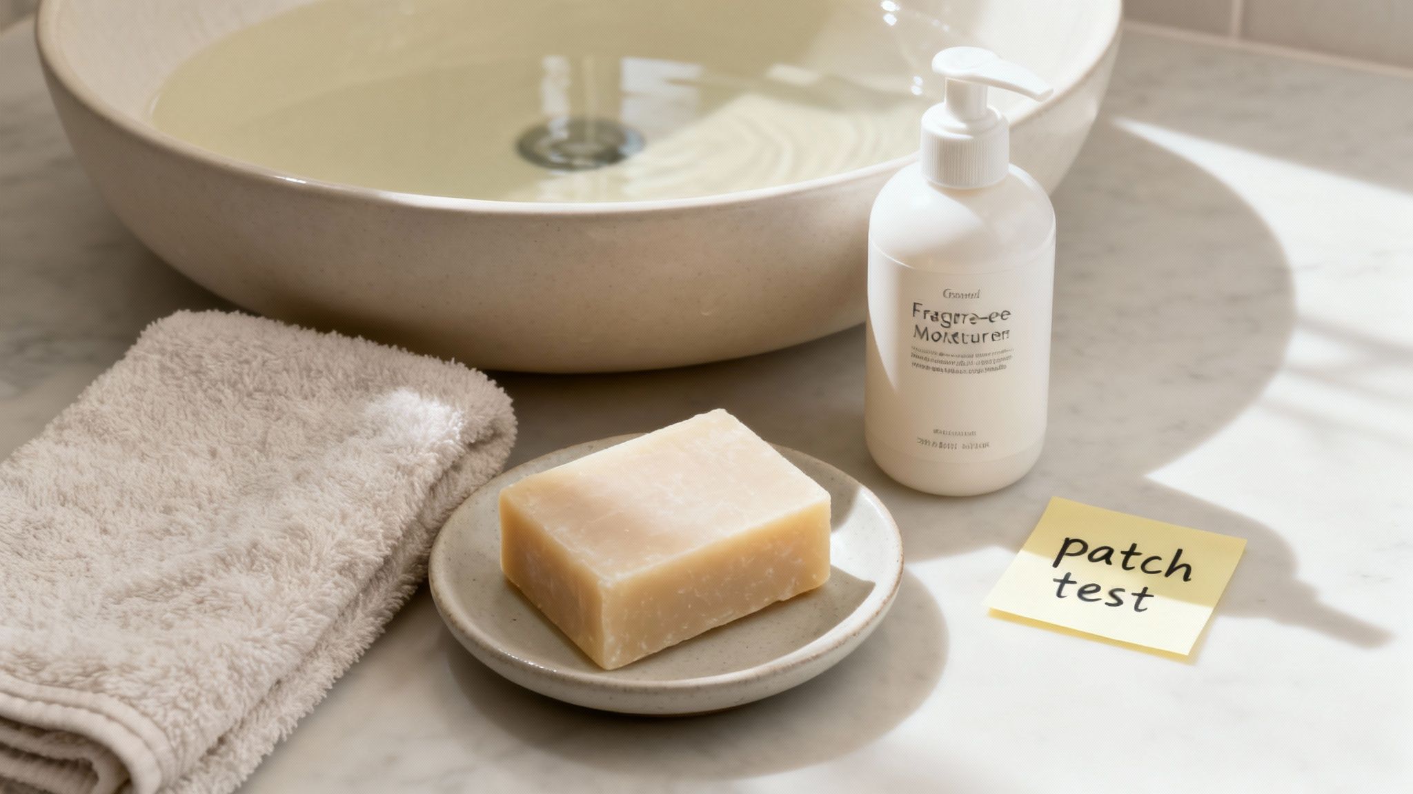 Fragrance-free moisturizer, bar soap, and patch test note arranged near bathroom sink for eczema treatment