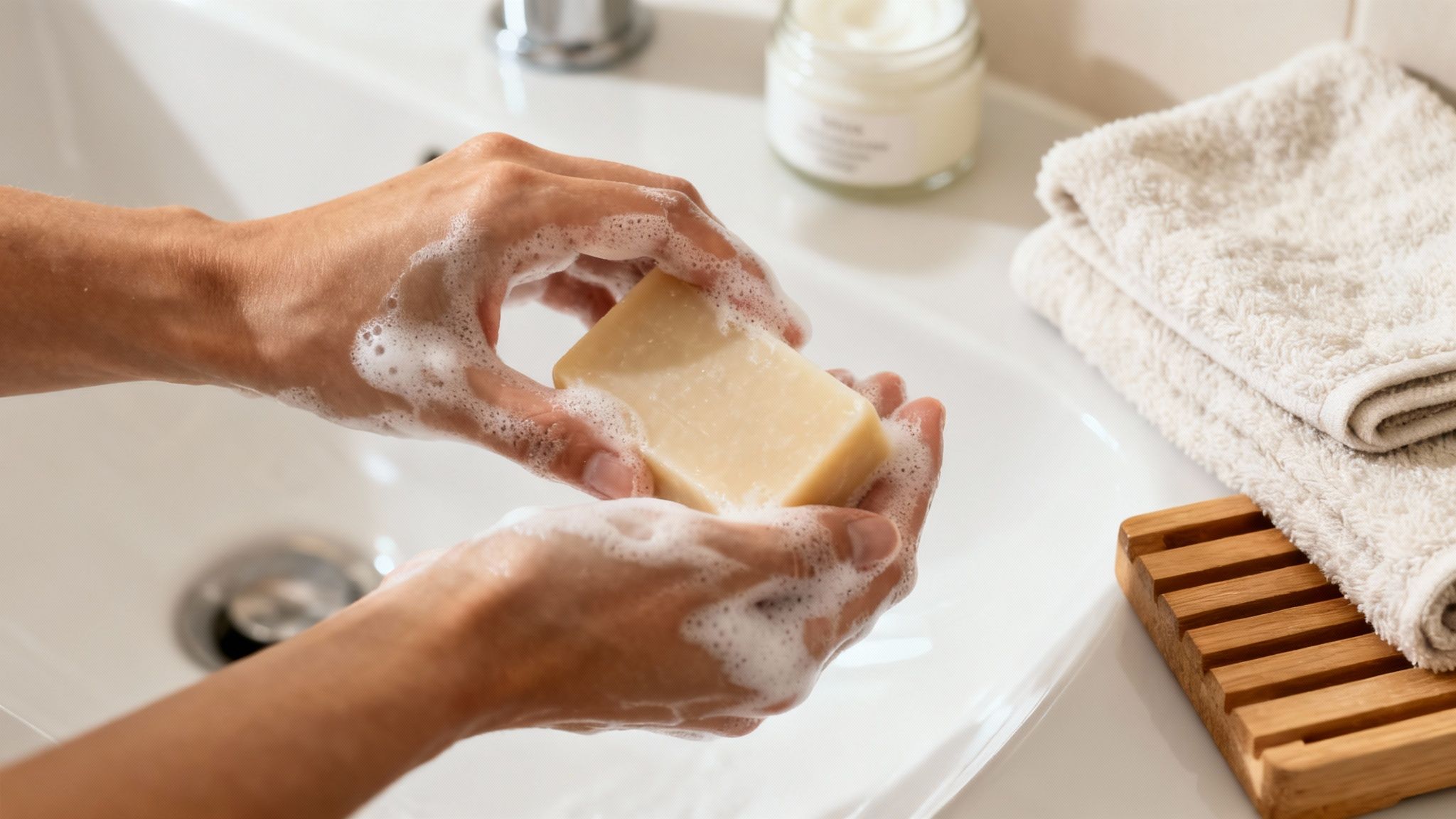 Hands gently lathering a bar of natural soap over a white bathroom sink with towels.